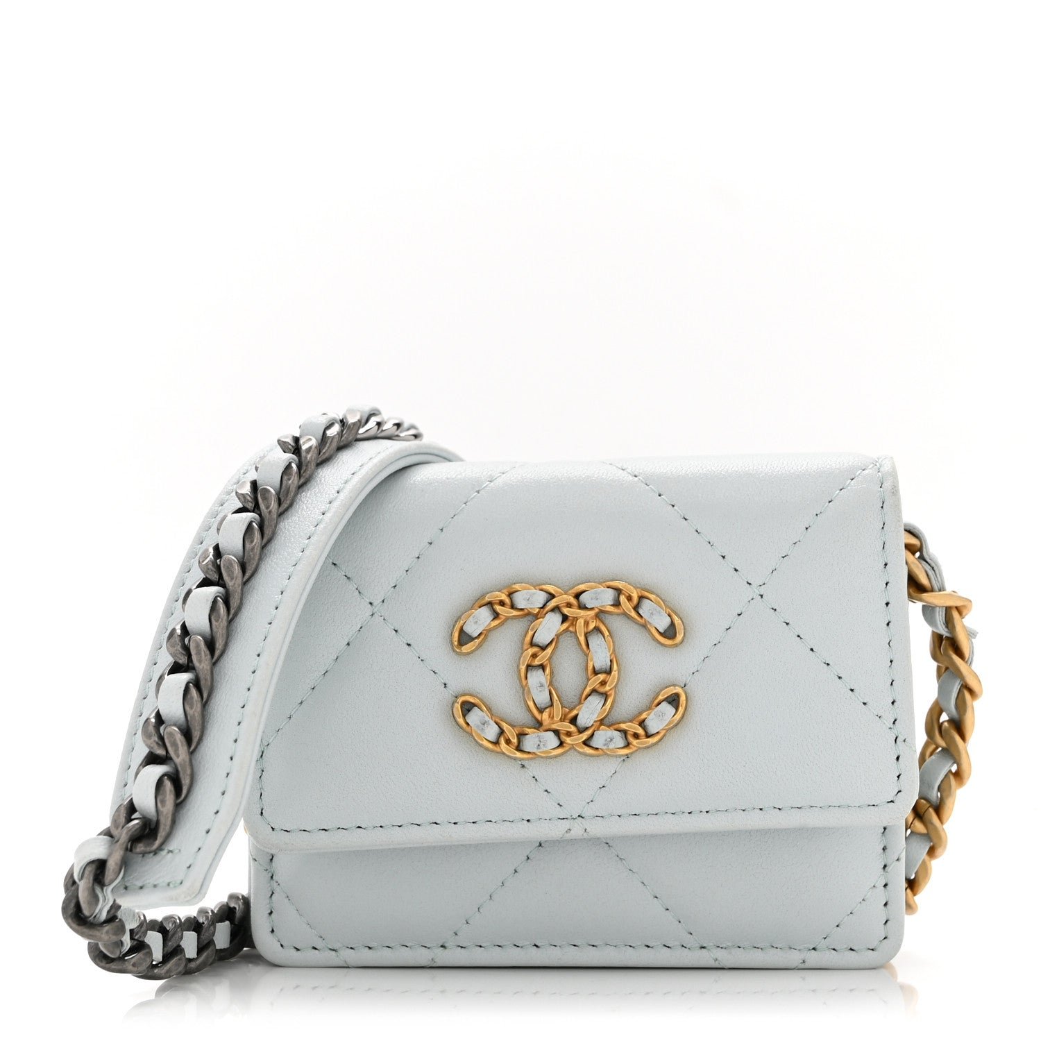 Chanel Lambskin Quilted Chanel 19 Flap Card Holder With Chain Light Blue