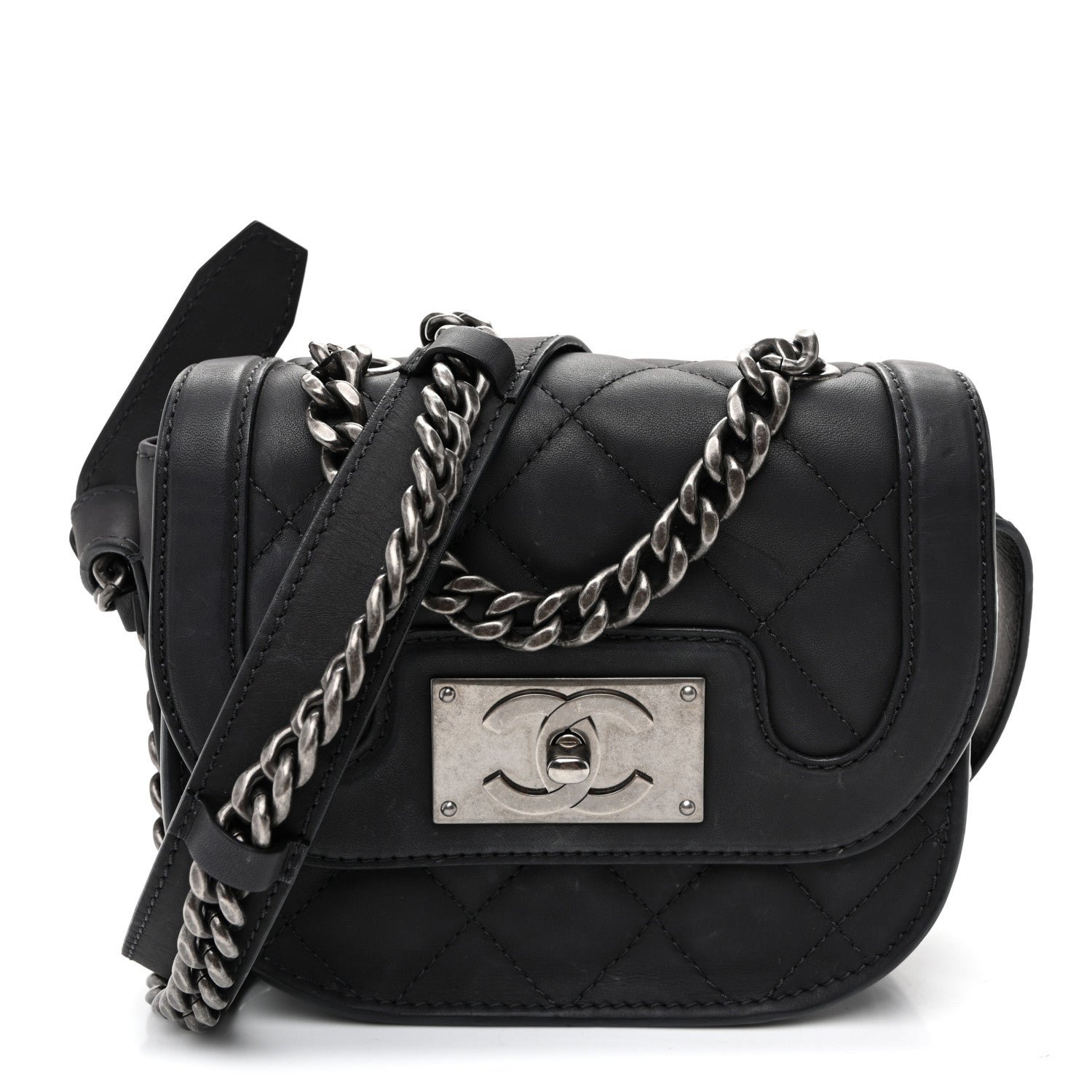 Chanel Calfskin Quilted Small Double Chained Messenger Flap Charcoal