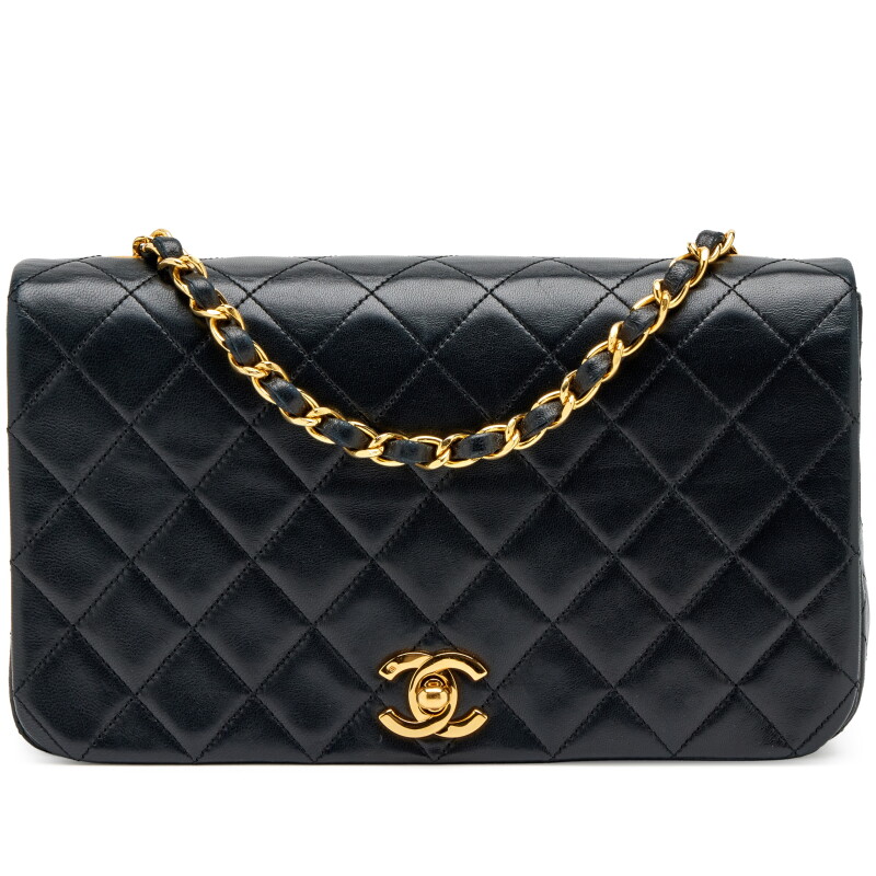 Vintage Black Quilted Lambskin Medium Full Flap Bag Gold Hardware, 1989-1991