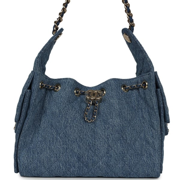 Chanel Small 25 Hobo Bag Blue Washed Denim Light Gold Hardware