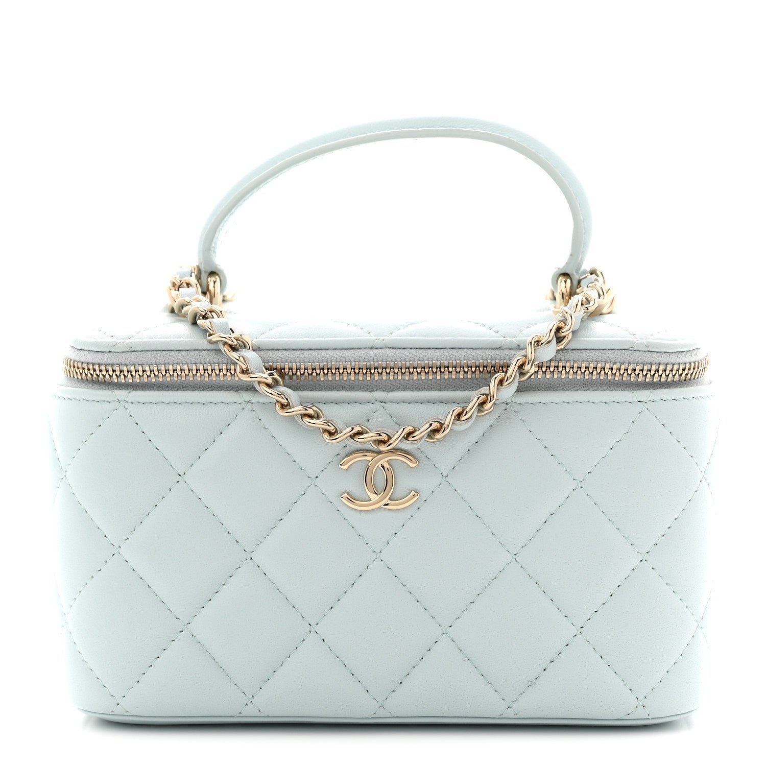 Chanel Lambskin Quilted Small Top Handle Vanity Case With Chain Light Blue