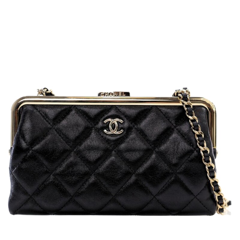Chanel Black Quilted Glazed Calfskin Frame Clutch On Chain Pale Gold Hardware, 2022