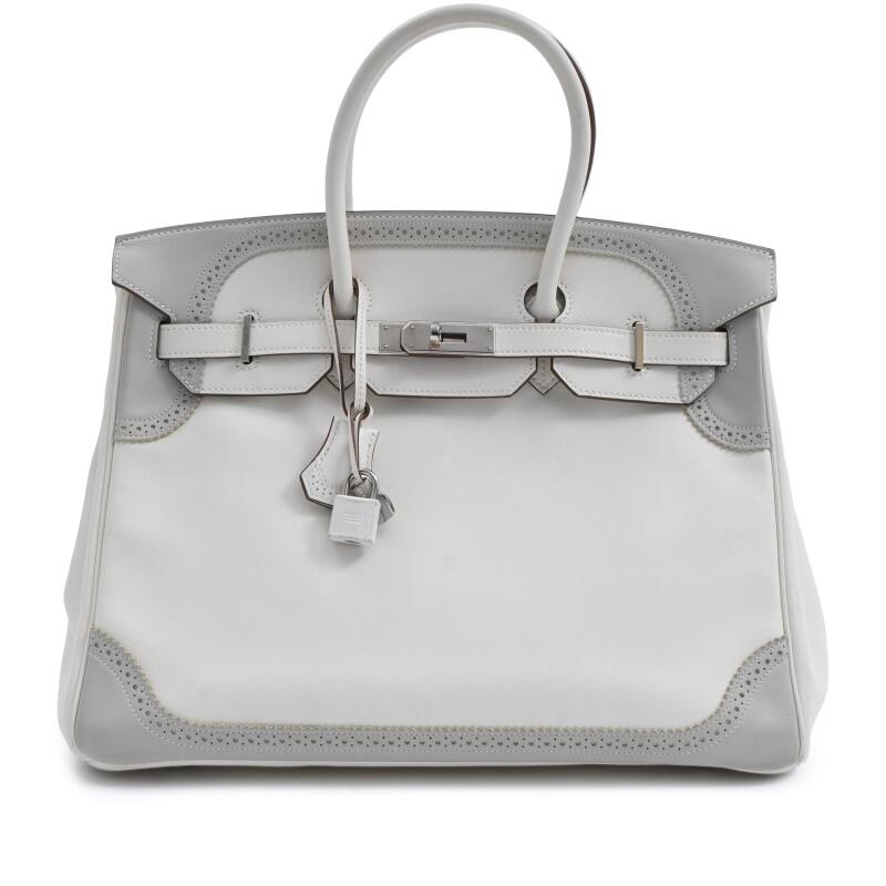 Hermes Limited Edition White and Gris Perle Swift Ghillies Birkin 35 Palladium Hardware, 2012