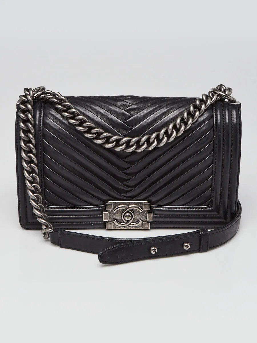 Chanel Black Quilted Lambskin Pleated Leather Medium Boy Bag