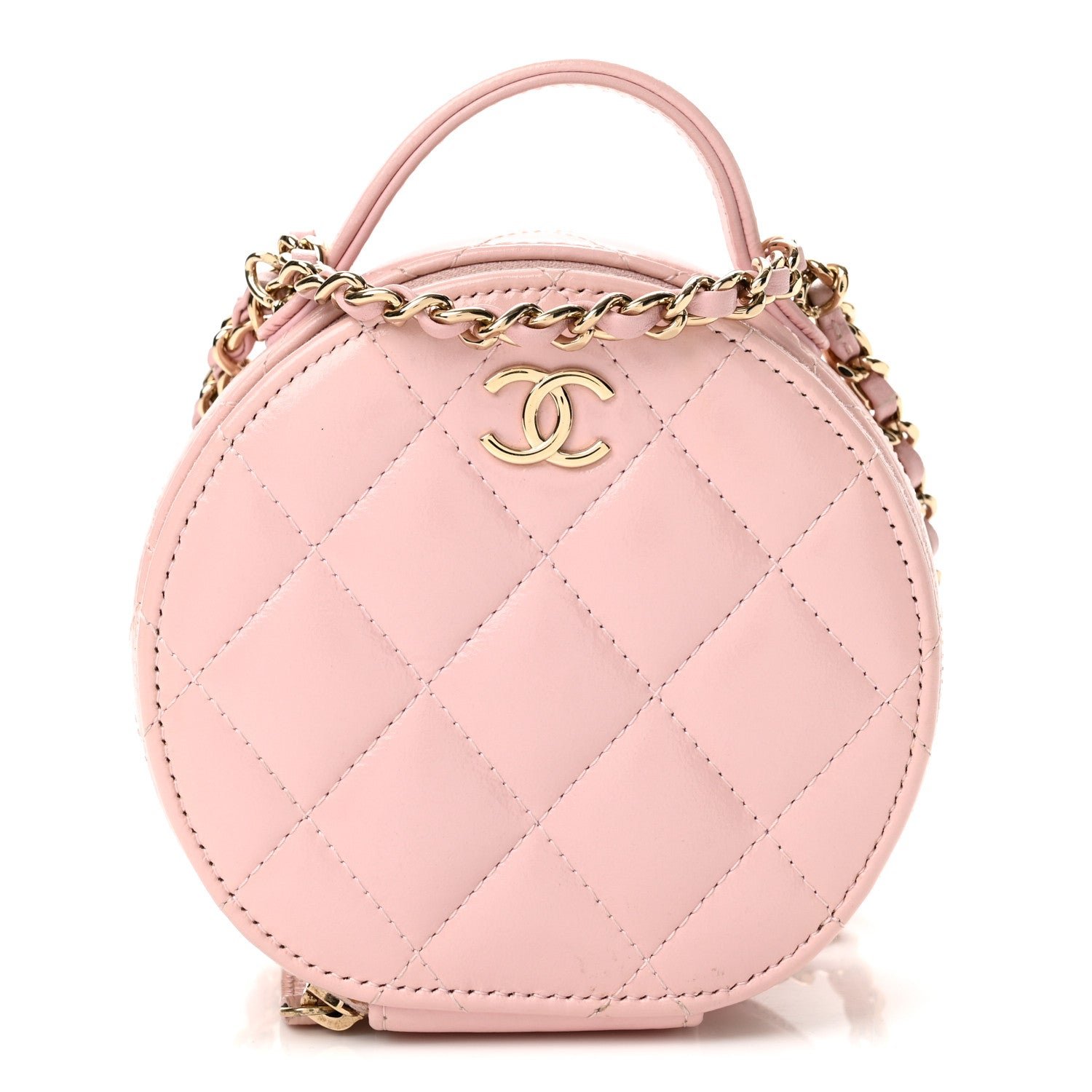 Chanel Shiny Lambskin Quilted Round Handle With Care Vanity With Chain Pink