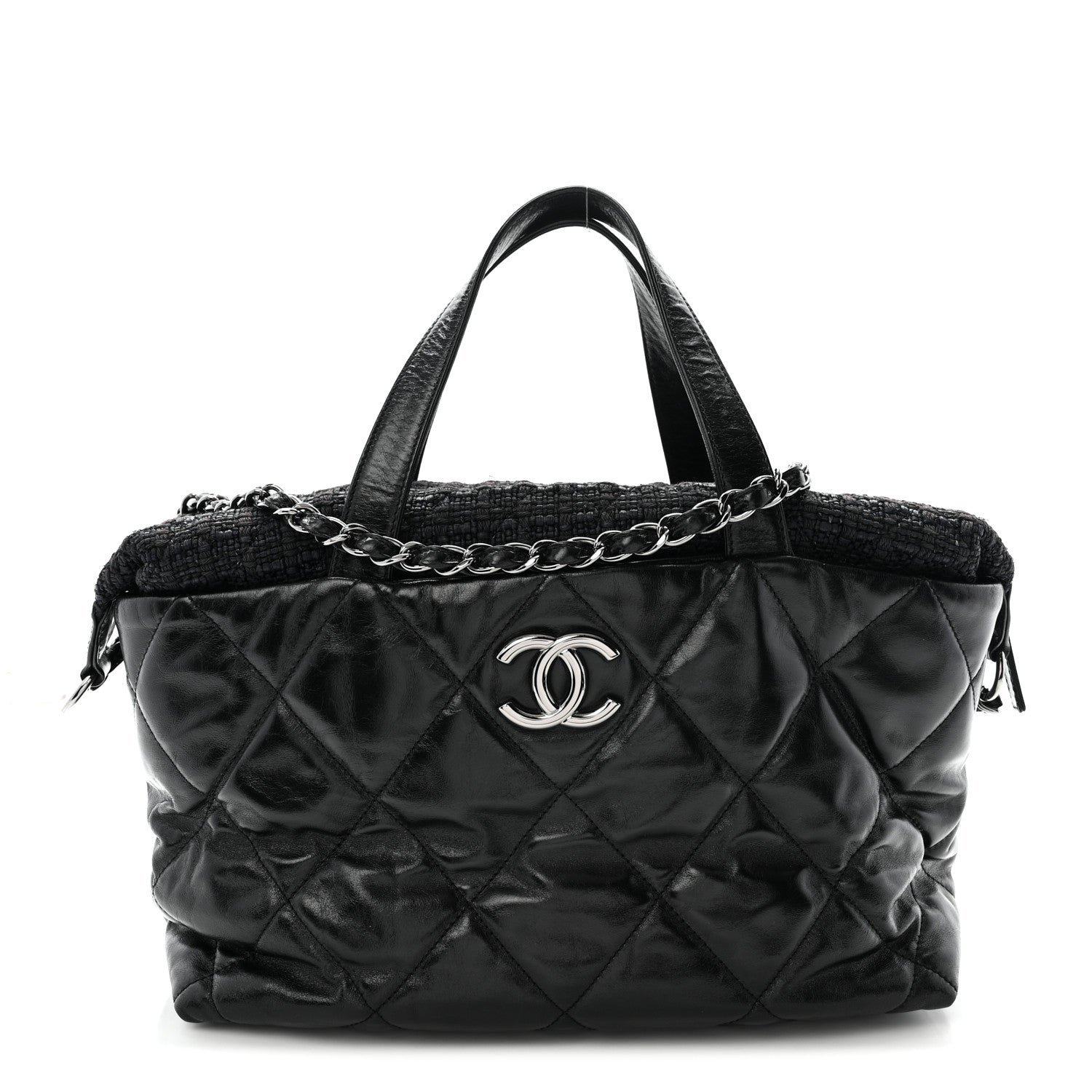 Chanel Glazed Calfskin Quilted Tweed Portobello Tote Black