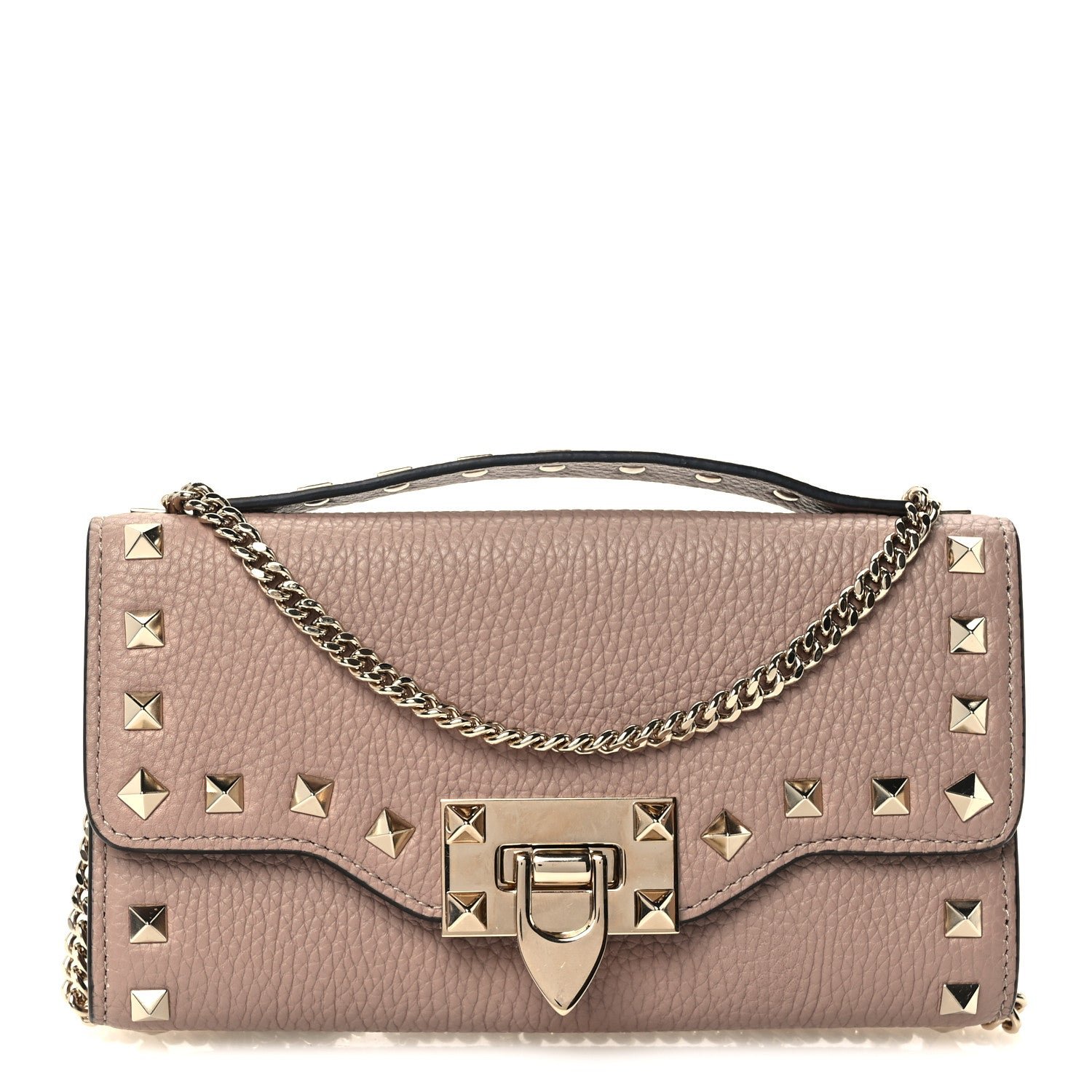 Valentino Garavani Pebbled Calfskin Rockstud Flip Lock Wallet On Chain Poudre
