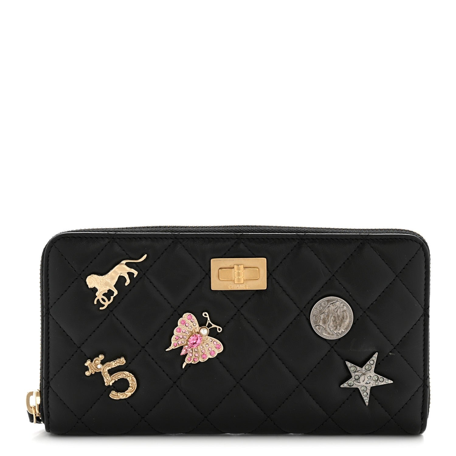 Chanel Aged Calfskin Quilted Lucky Charms 2.55 Reissue Zip Around Wallet Black