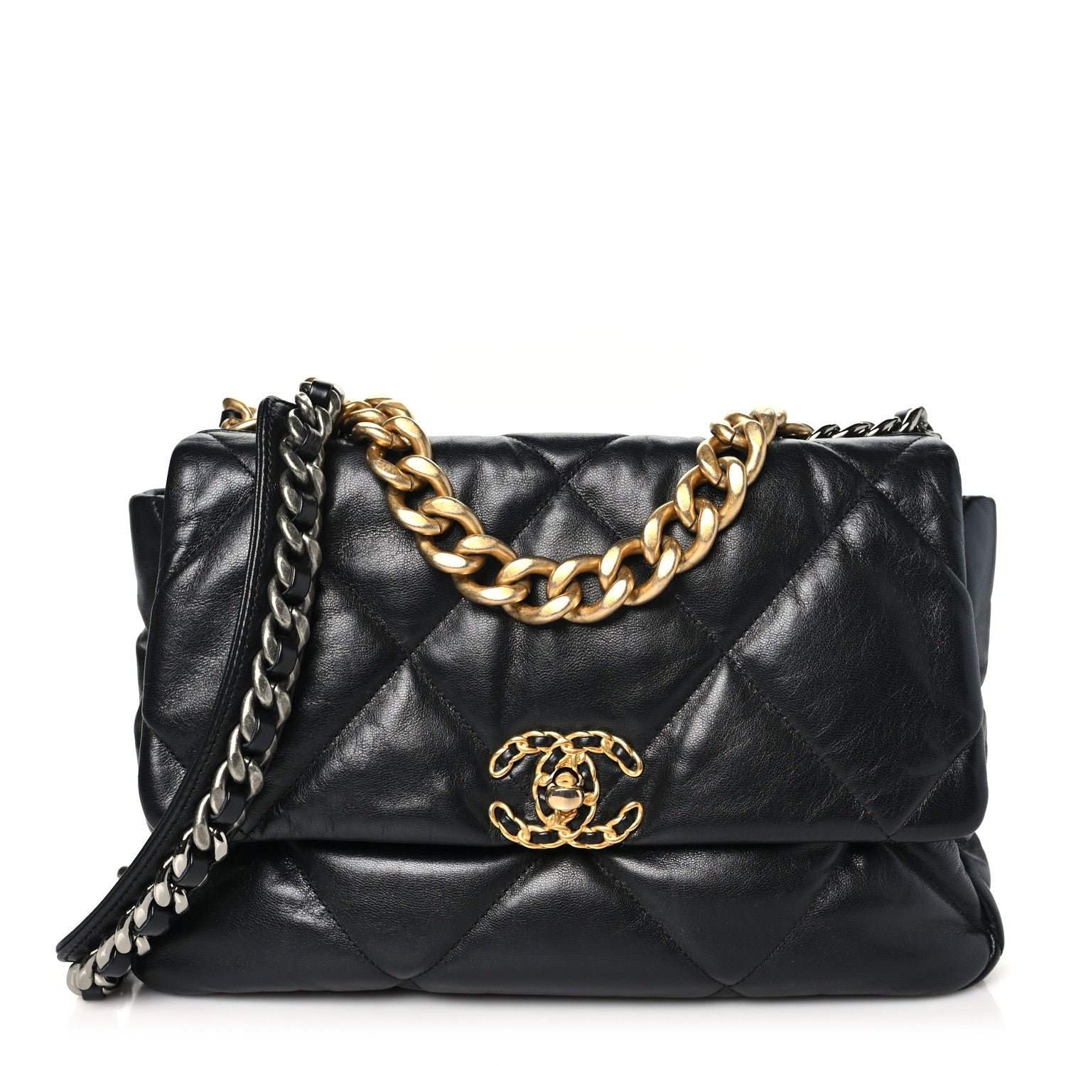 Chanel Shiny Goatskin Quilted Large Chanel 19 Flap Black