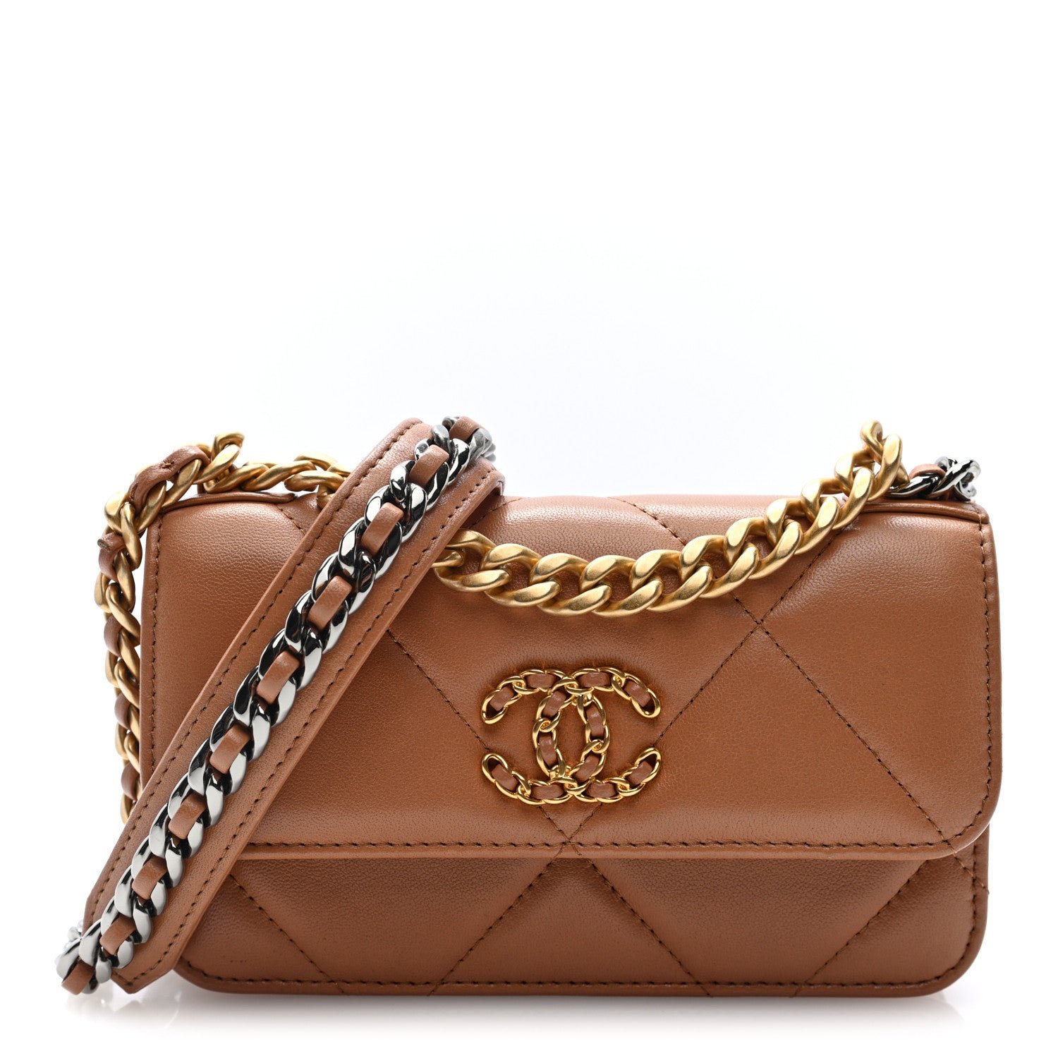 Chanel Lambskin Quilted Chanel 19 Flap Phone Holder With Chain Brown