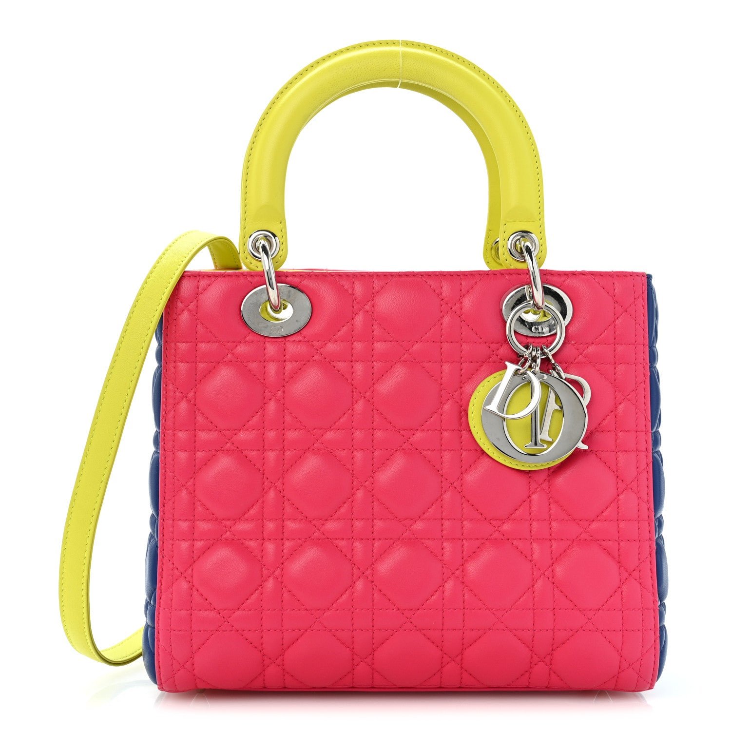 Christian Dior Lambskin Cannage Medium Tri-Color Lady Dior Pink Blue Yellow
