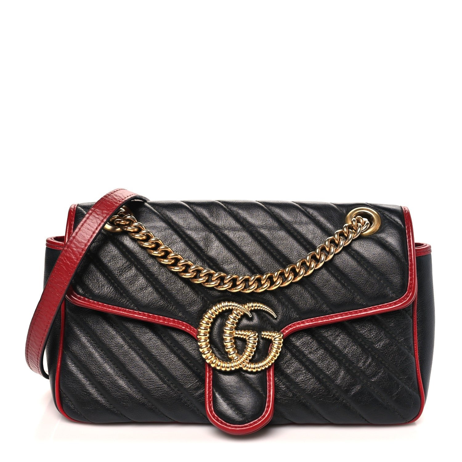 Gucci Vintage Effect Calfskin Matelasse Diagonal Small Torchon GG Marmont Shoulder Bag Black Romantic Cherry