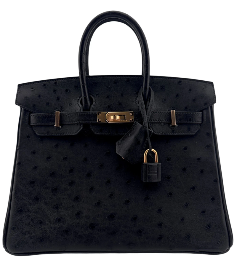 Hermes Black Ostrich Birkin 25 Rose Gold Hardware, 2022