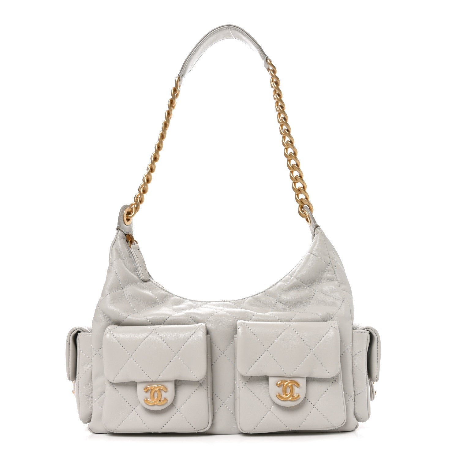Shiny Lambskin Quilted Large Trendy Pockets Hobo Light Grey