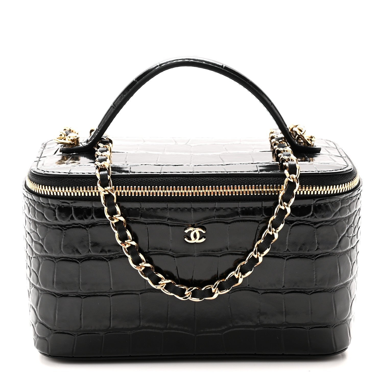 Chanel Calfskin Crocodile Embossed Crococo Small Top Handle Vanity Case With Chain Black