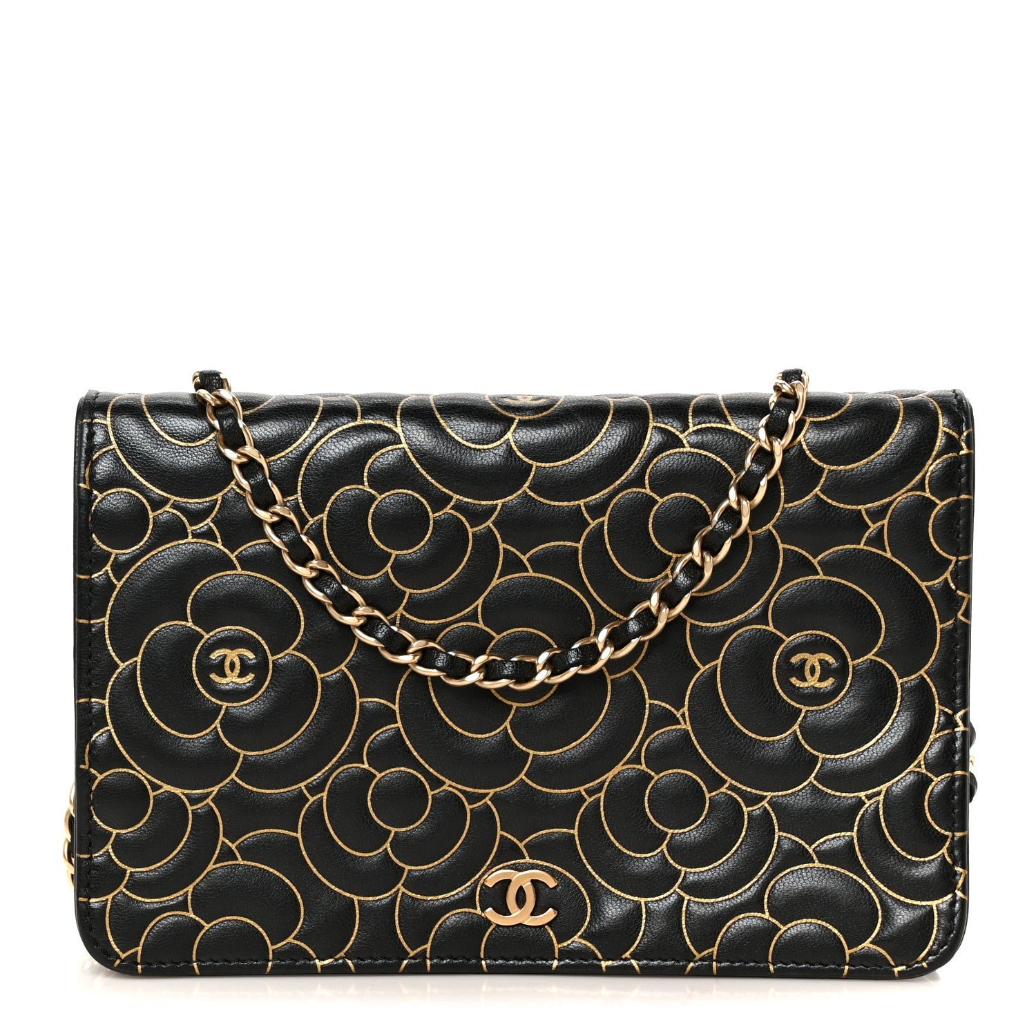 Chanel Lambskin Camellia Embossed Wallet On Chain WOC Black Gold