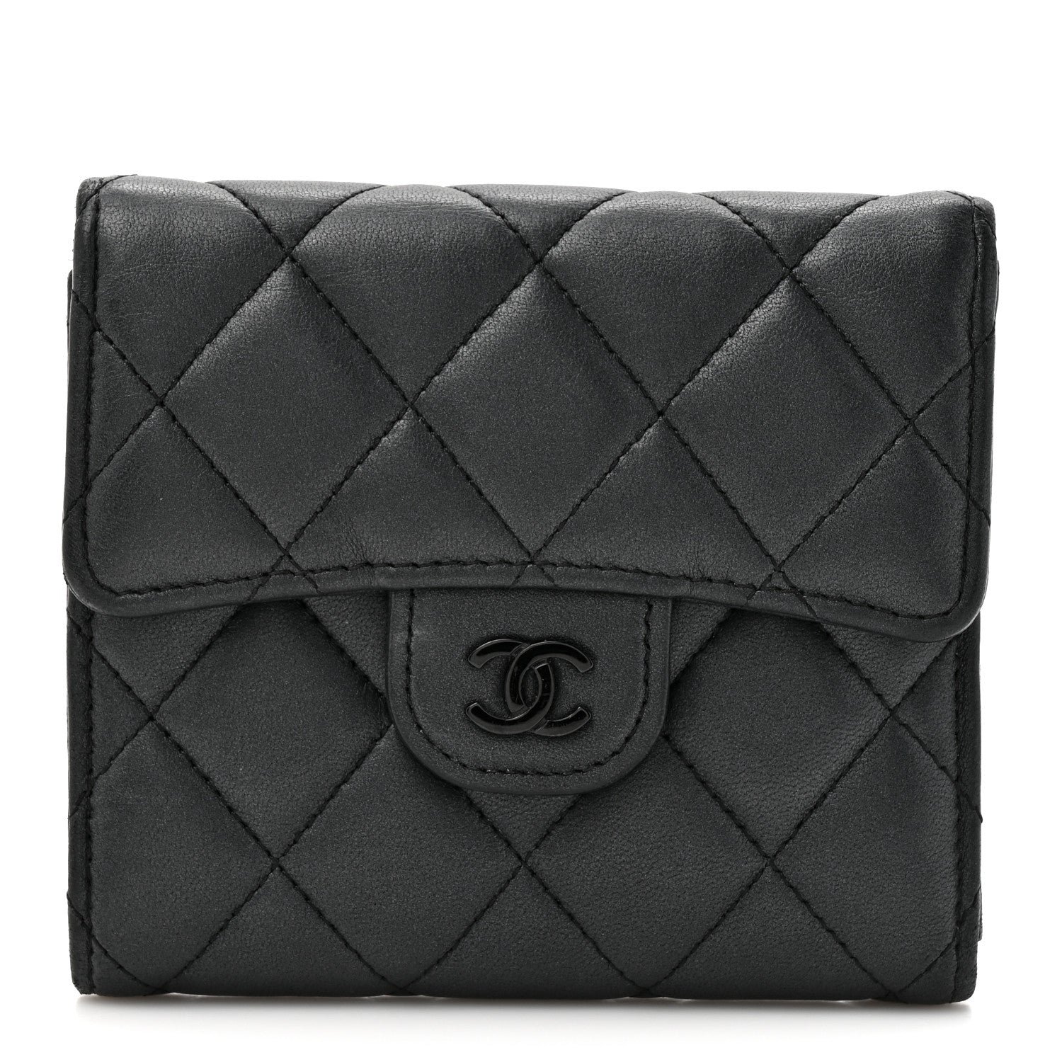 Chanel Lambskin Quilted Compact Flap Wallet So Black