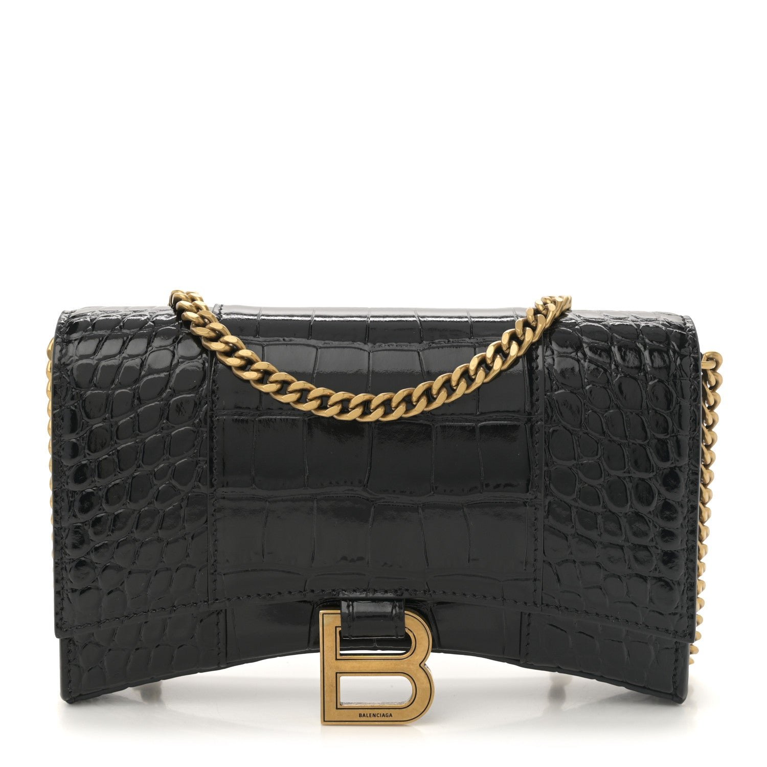 Balenciaga Shiny Calfskin Crocodile Embossed Hourglass Chain Bag Black