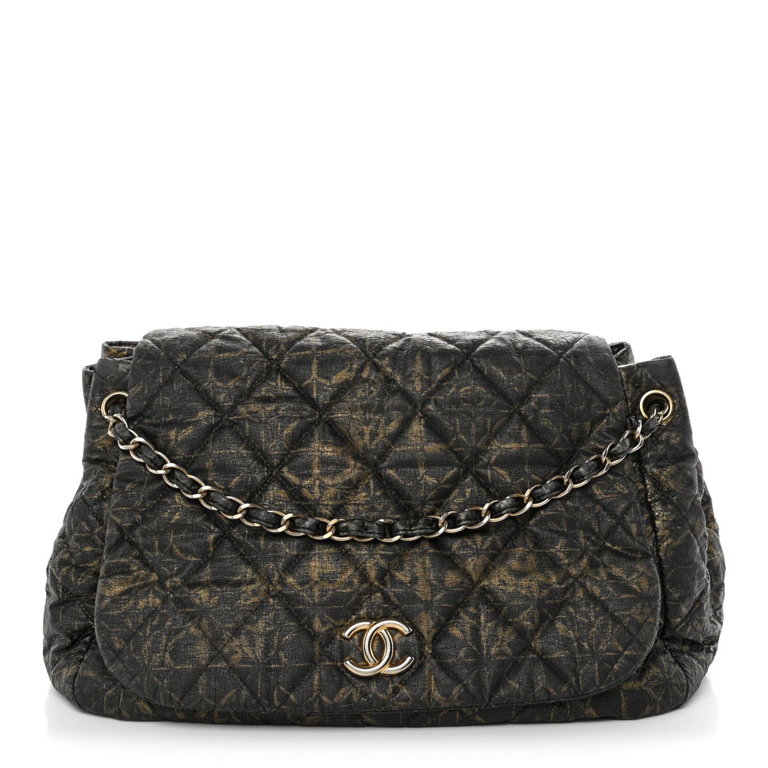 Chanel Nylon Printed Quilted Accordion Flap Black Gold