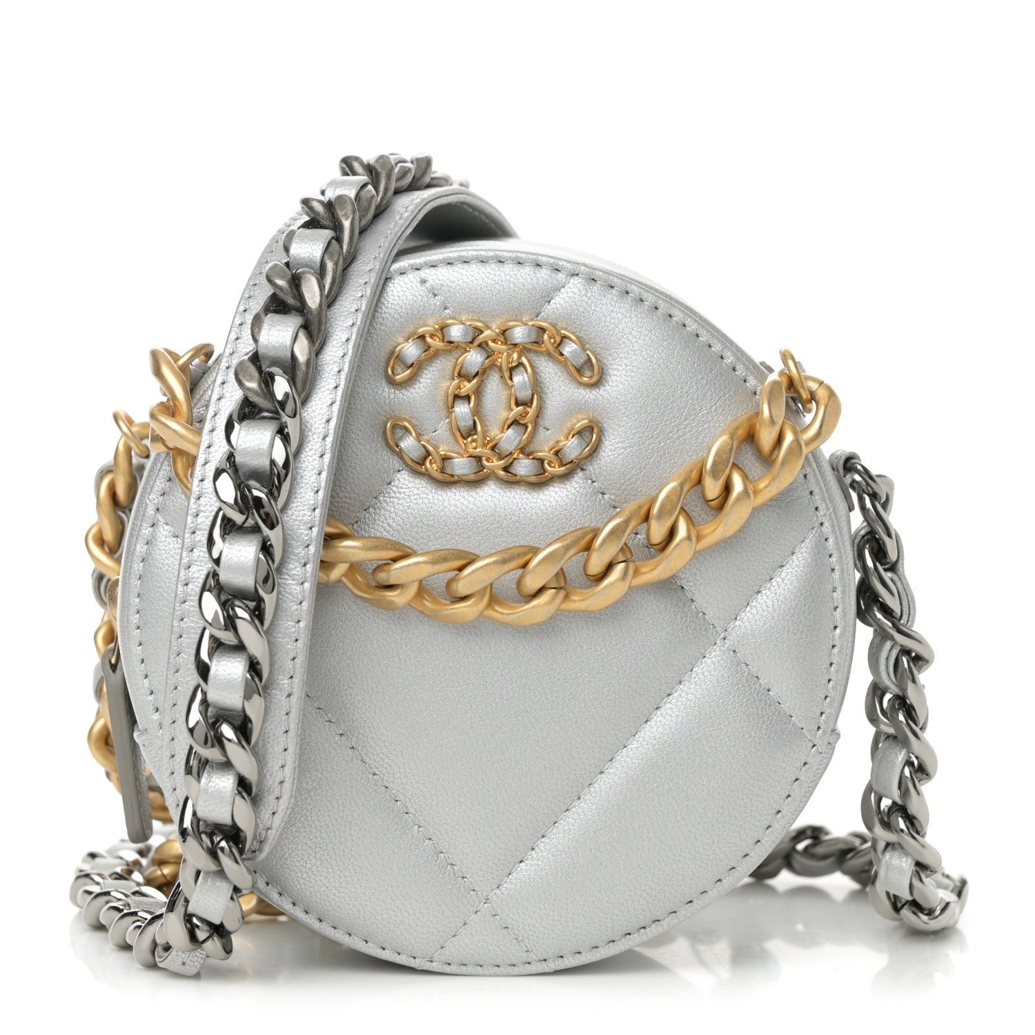Chanel Metallic Lambskin Quilted Chanel 19 Round Clutch With Chain Silver