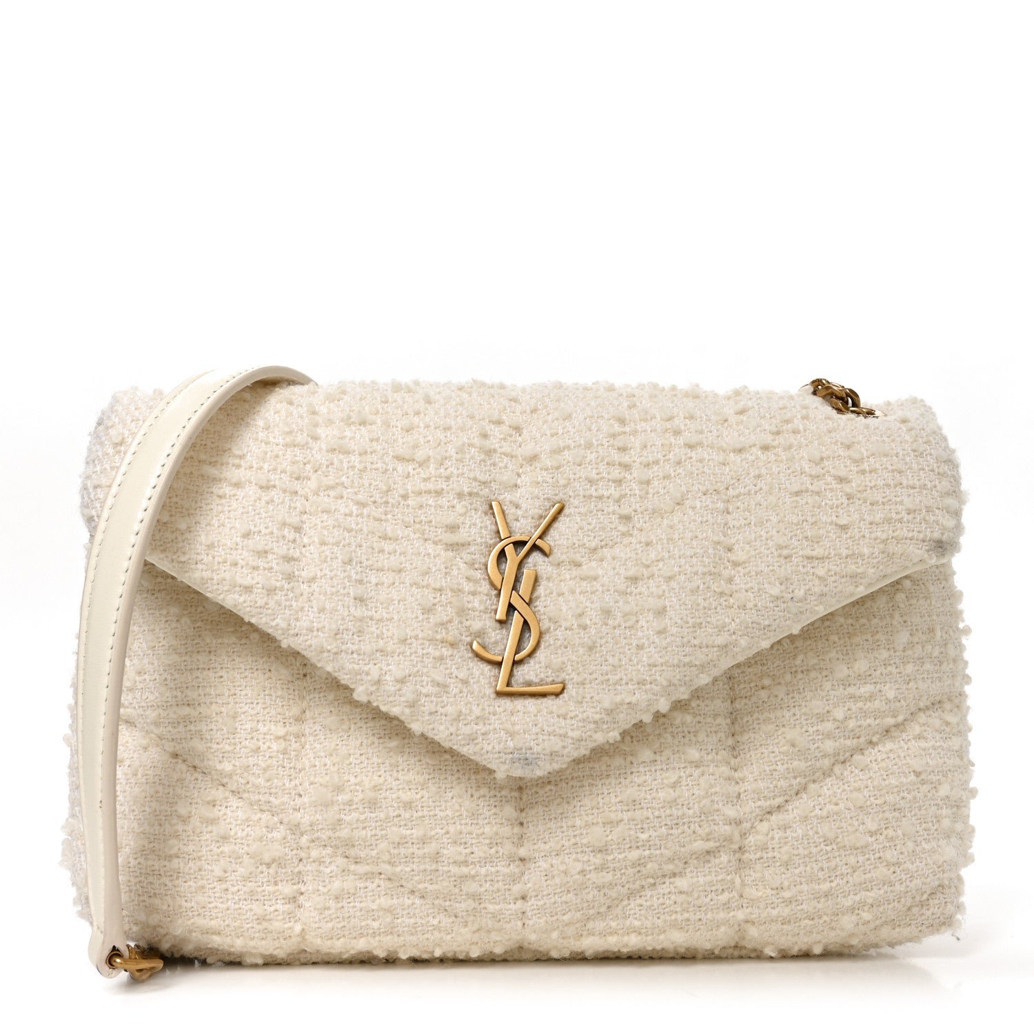 Saint Laurent Boucle Tweed Quilted Toy Loulou Puffer Monogram Chain Satchel Craie