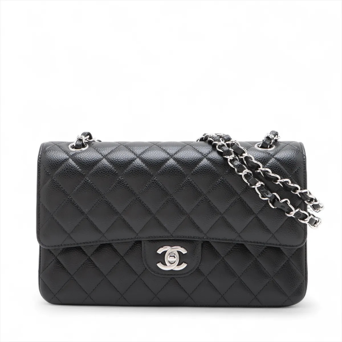 Chanel Matelasse 25 Caviar Skin Double Flap Double Chain Bag Black Silver Metal