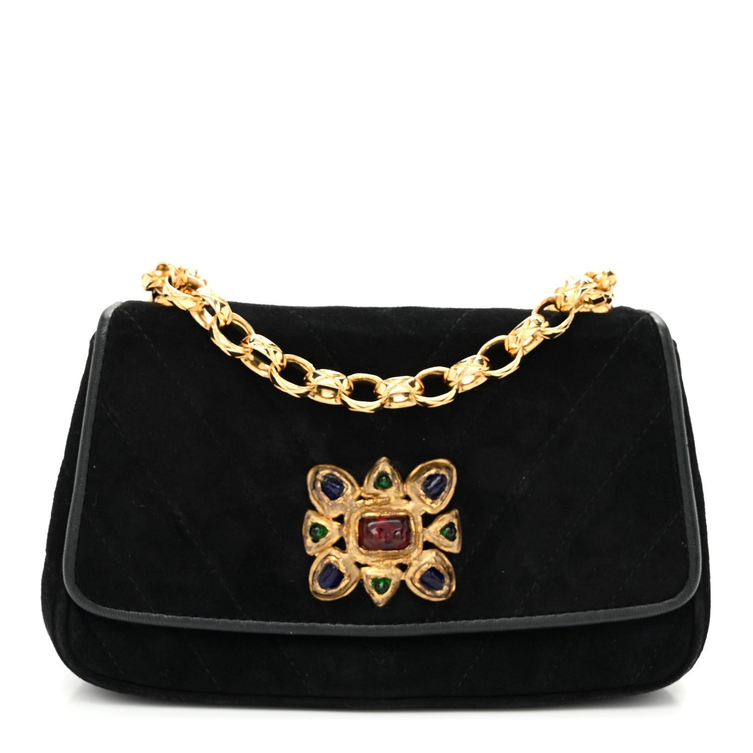 Chanel Suede Chevron Gripoix Quilted Flap Black