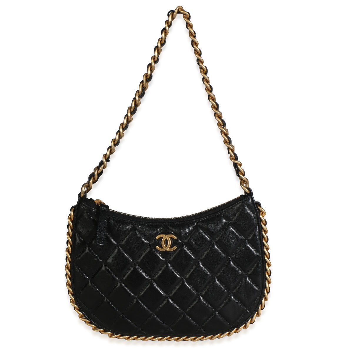 Black Shiny Quilted Lambskin Small CC Chain Around Hobo