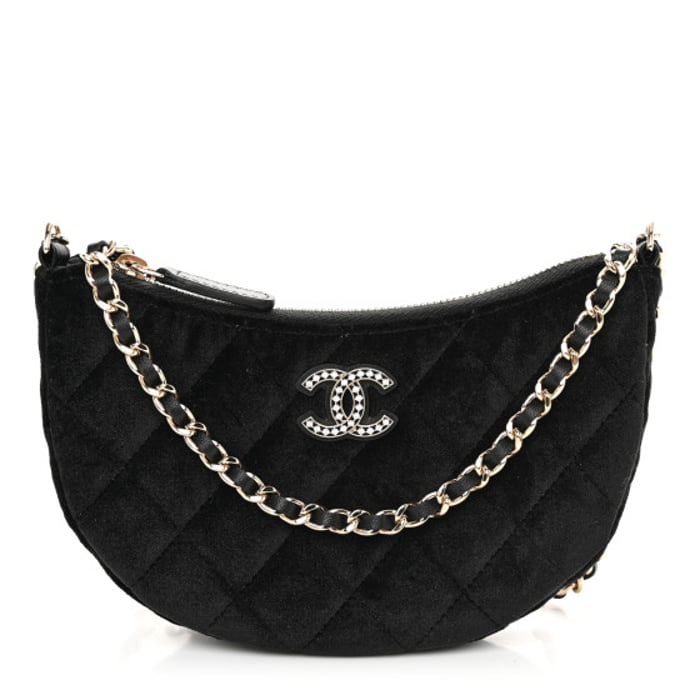 Chanel Velvet Crystal Chain Hobo Black
