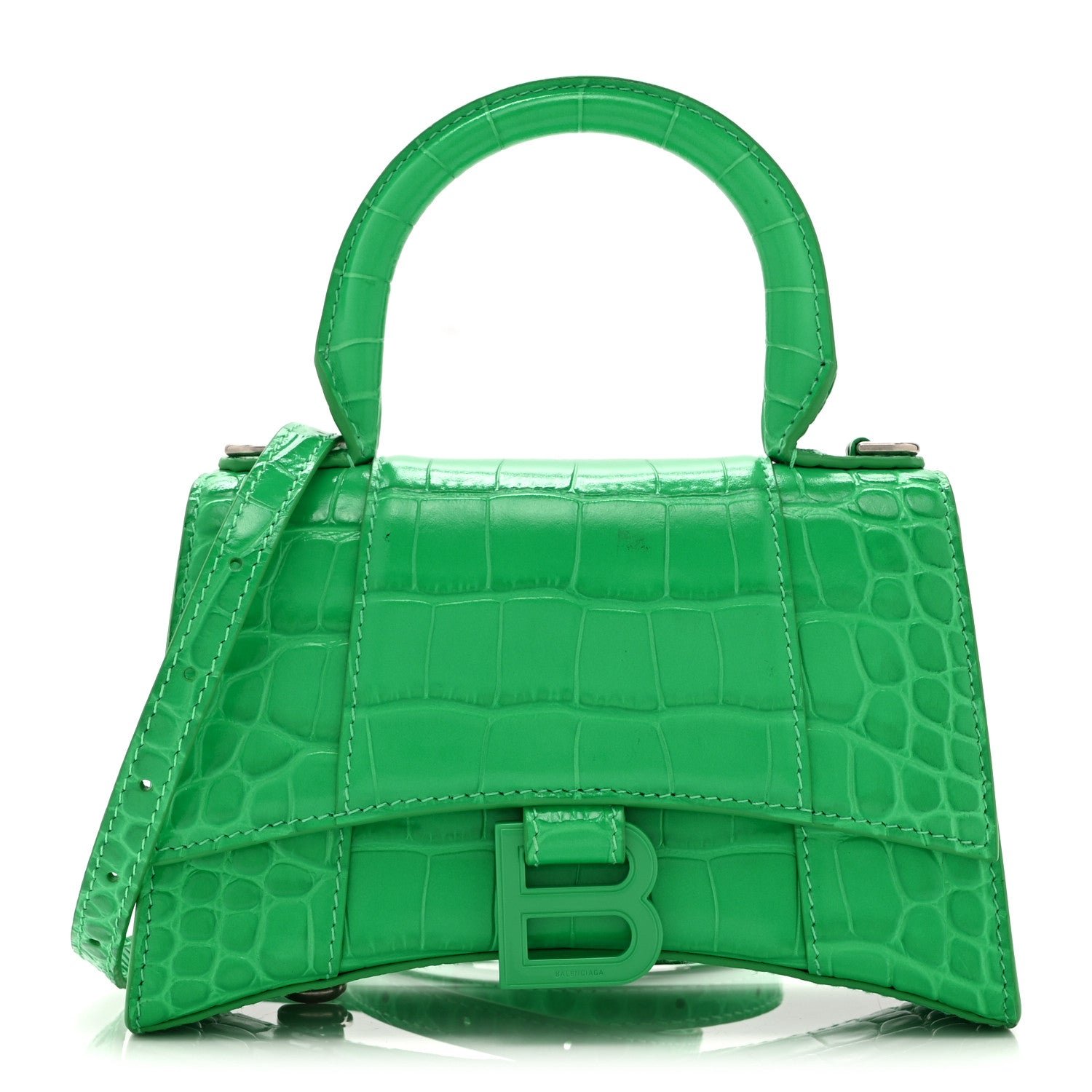 Balenciaga Shiny Calfskin Crocodile Embossed Hourglass Top Handle Bag XS Vivid Green