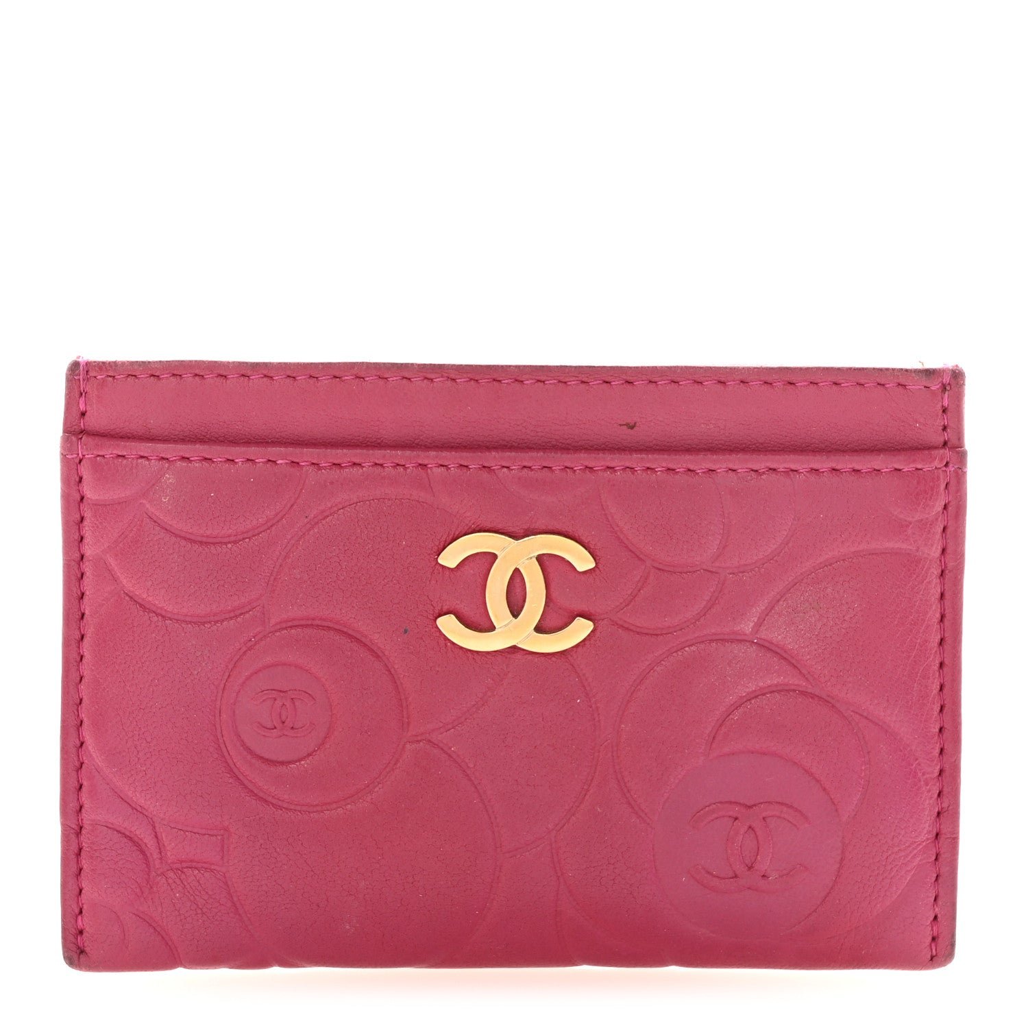 Chanel Lambskin Camellia Embossed Card Holder Fuchsia