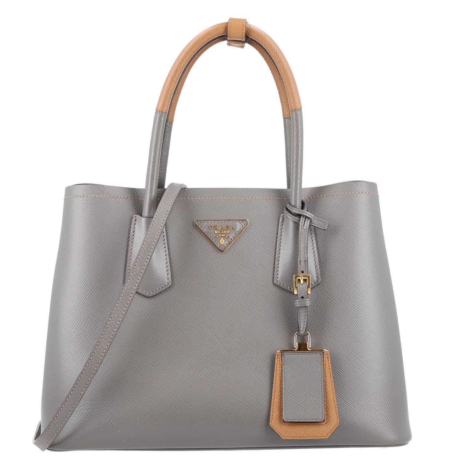 Prada Saffiano Cuir Bi-Color Double Handle Bag Marmo Caramel