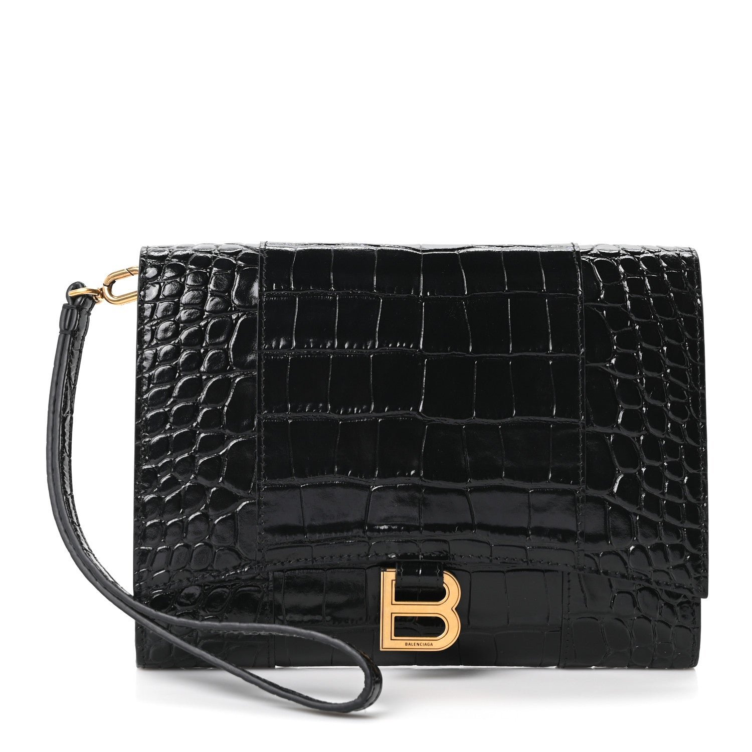 Balenciaga Shiny Calfskin Crocodile Embossed Hourglass Gusset Pouch Black