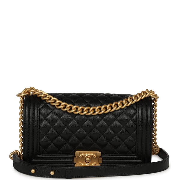 Pre-owned Chanel Medium Boy Bag Black Caviar Antique Gold Hardware