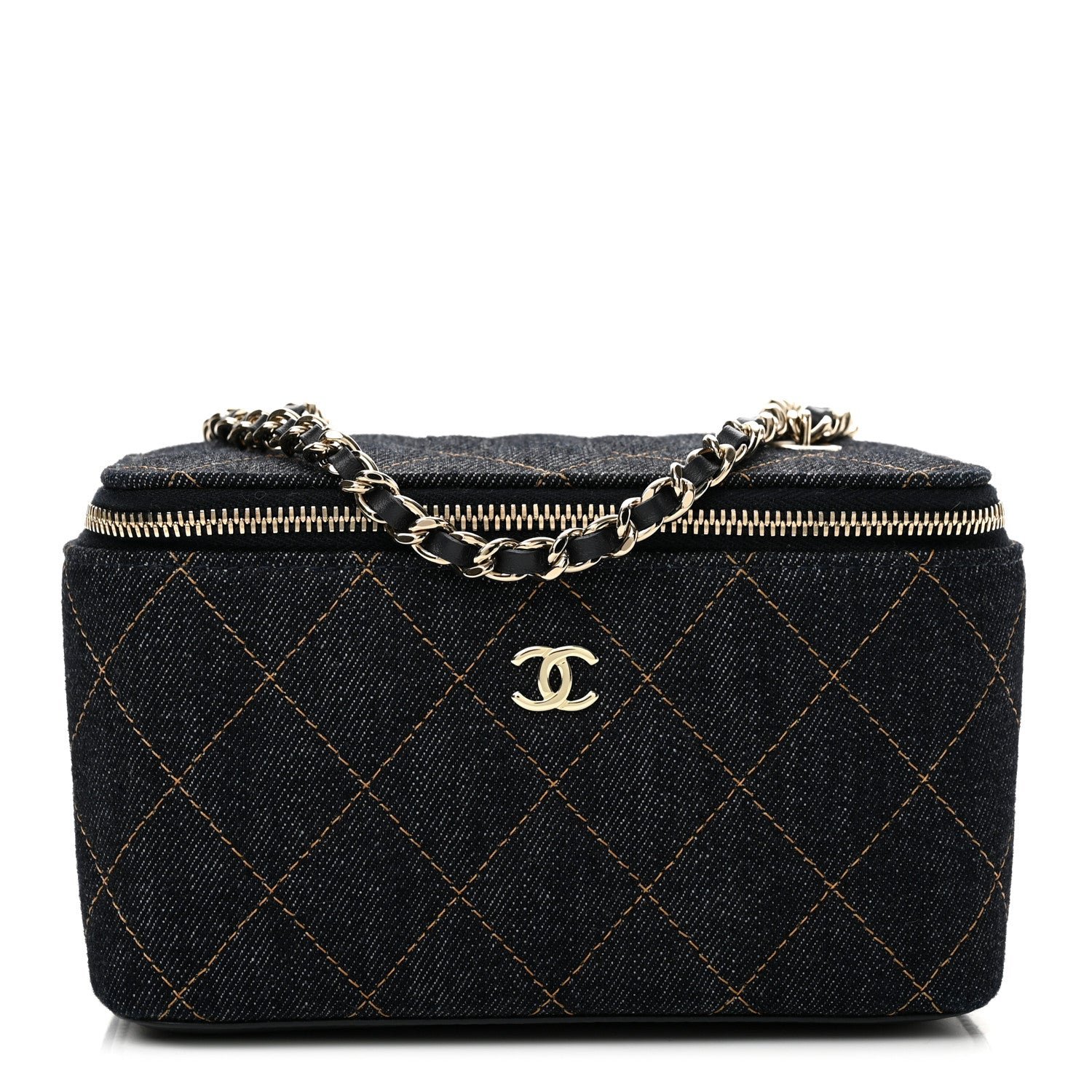 Chanel Denim Quilted Small Vanity Case With Chain Dark Blue Orange