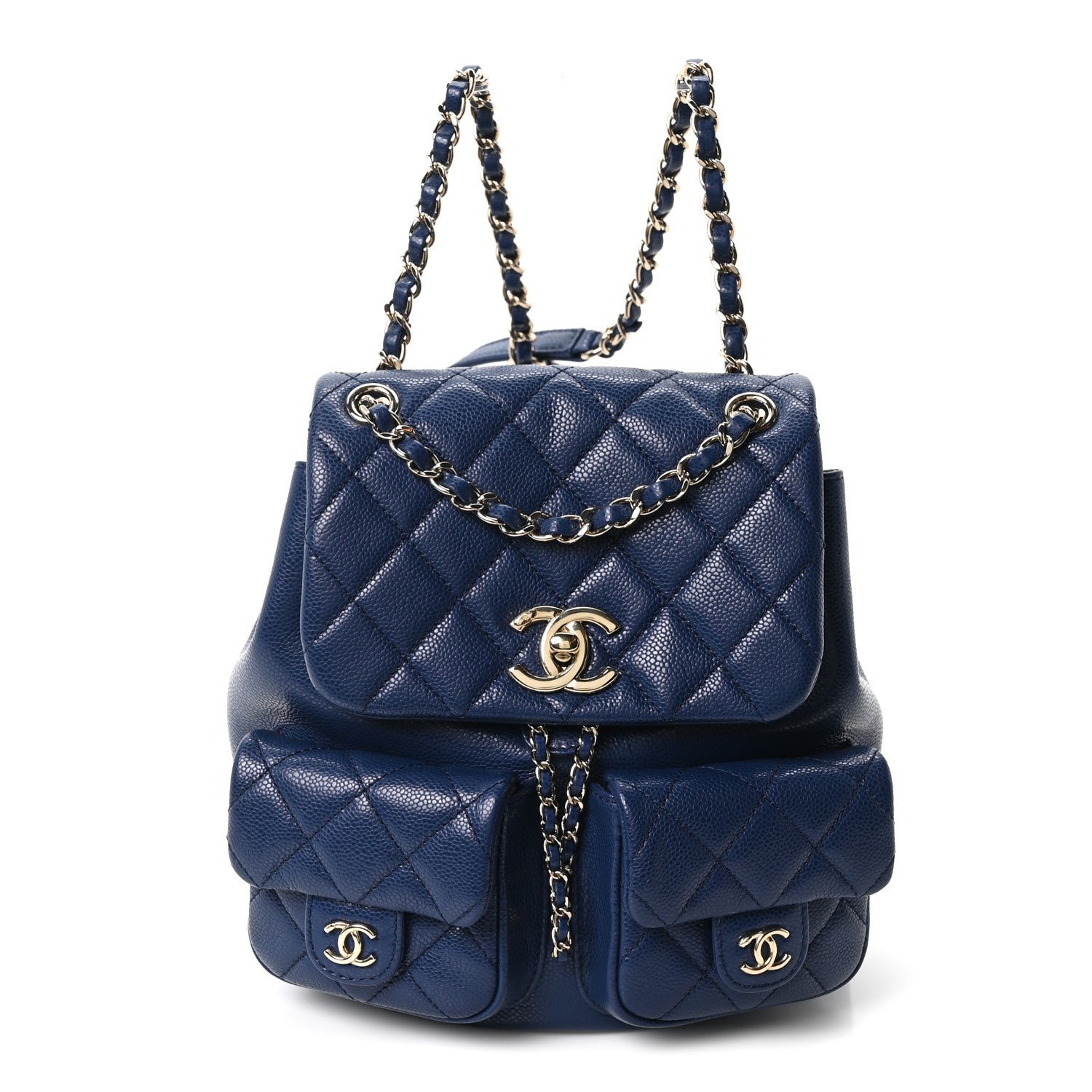 Chanel Shiny Caviar Quilted Medium Duma Pockets Drawstring Backpack Dark Blue