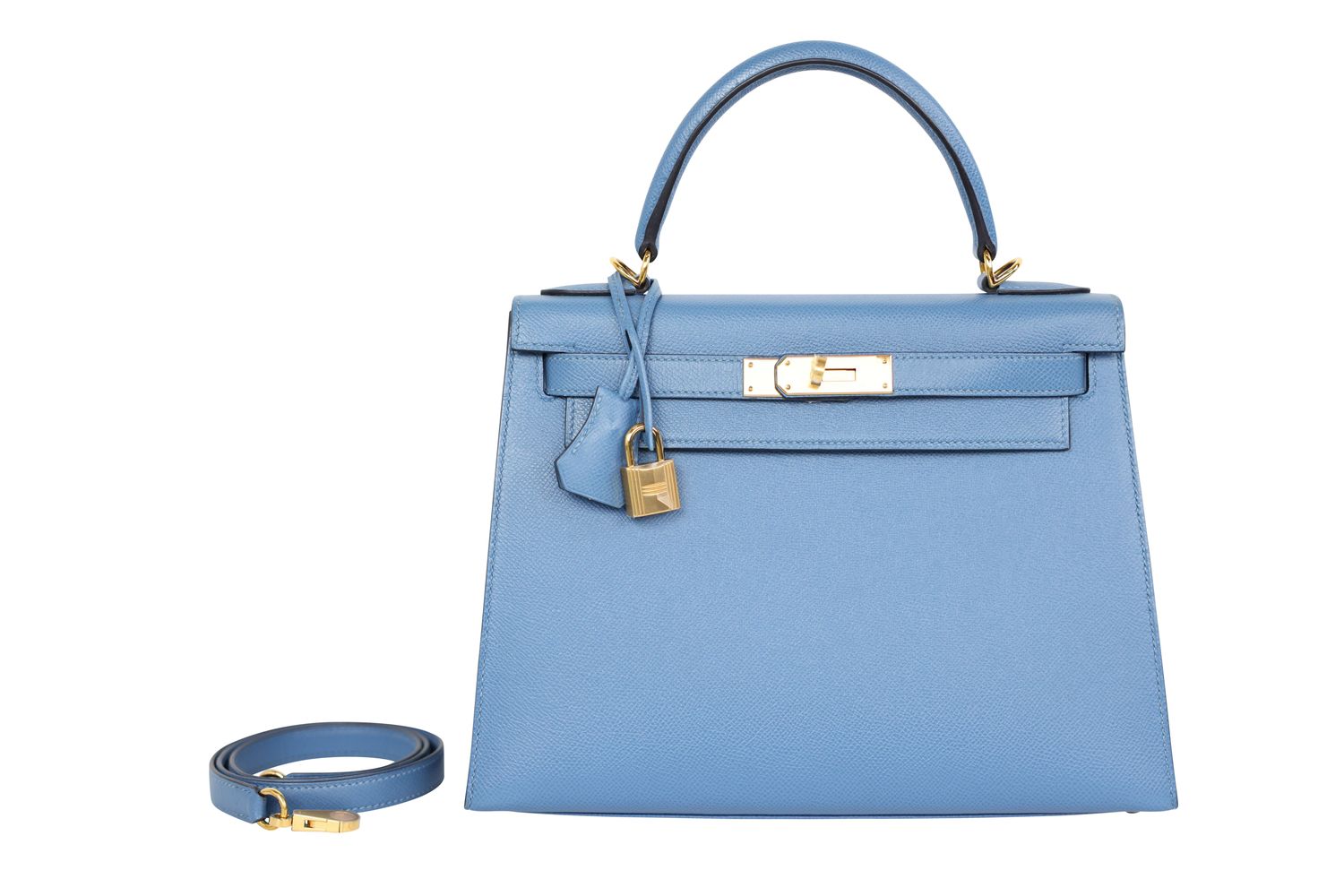 Hermes Hermes Kelly 28 Handbag, Blue Agate Clemence and Gold Hardware, C 2018 Stamp, Preowned in Dustbag WA001