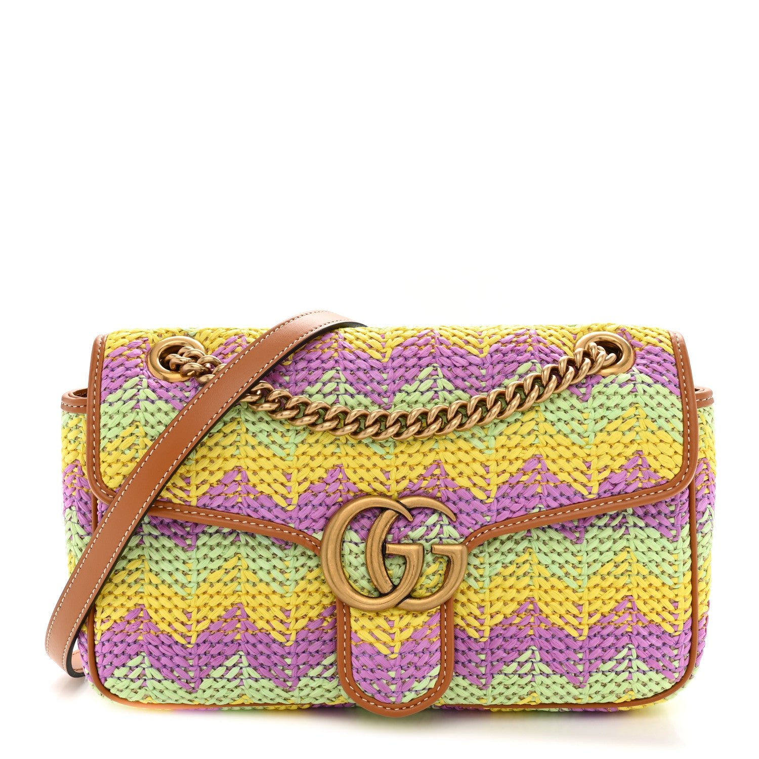 Gucci Calfskin Raffia Woven Small GG Marmont Shoulder Bag Multicolor