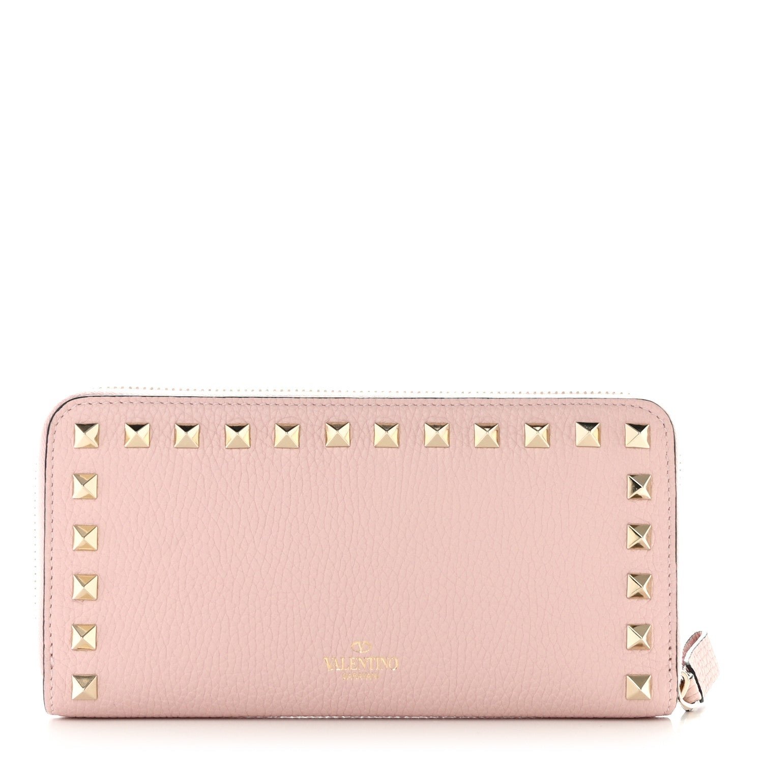 Valentino Garavani Pebbled Calfskin Rockstud Zip Around Wallet Water Rose
