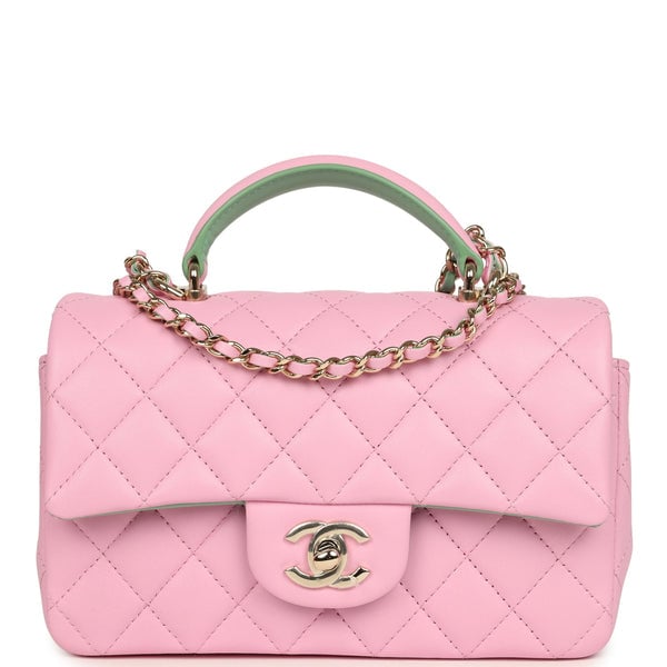 Chanel Mini Rectangular Flap Bag with Top Handle Pink and Green Lambskin Light Gold Hardware