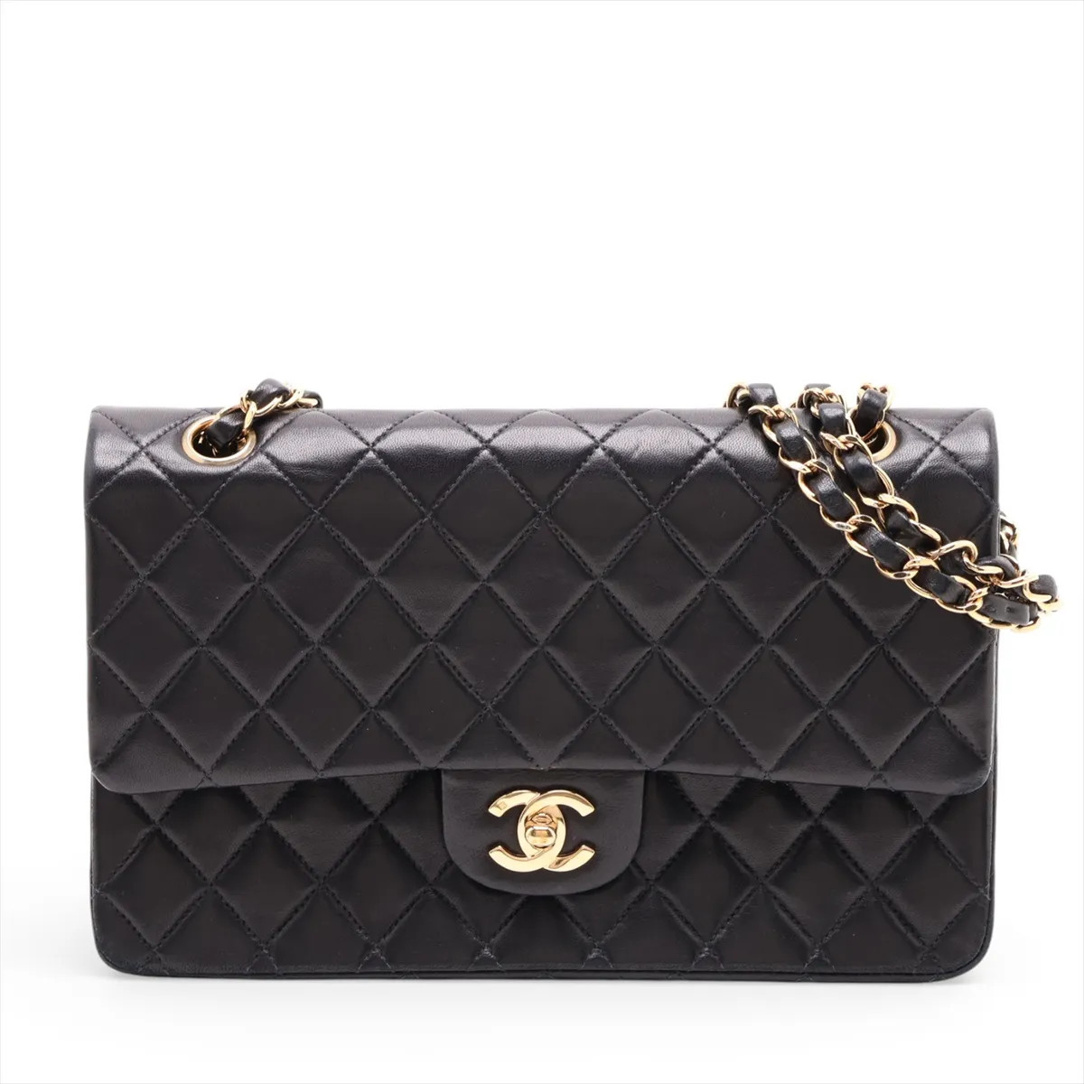 Chanel Matelasse 25 Lambskin Double Flap Double Chain Bag Black Gold Metal Fitti