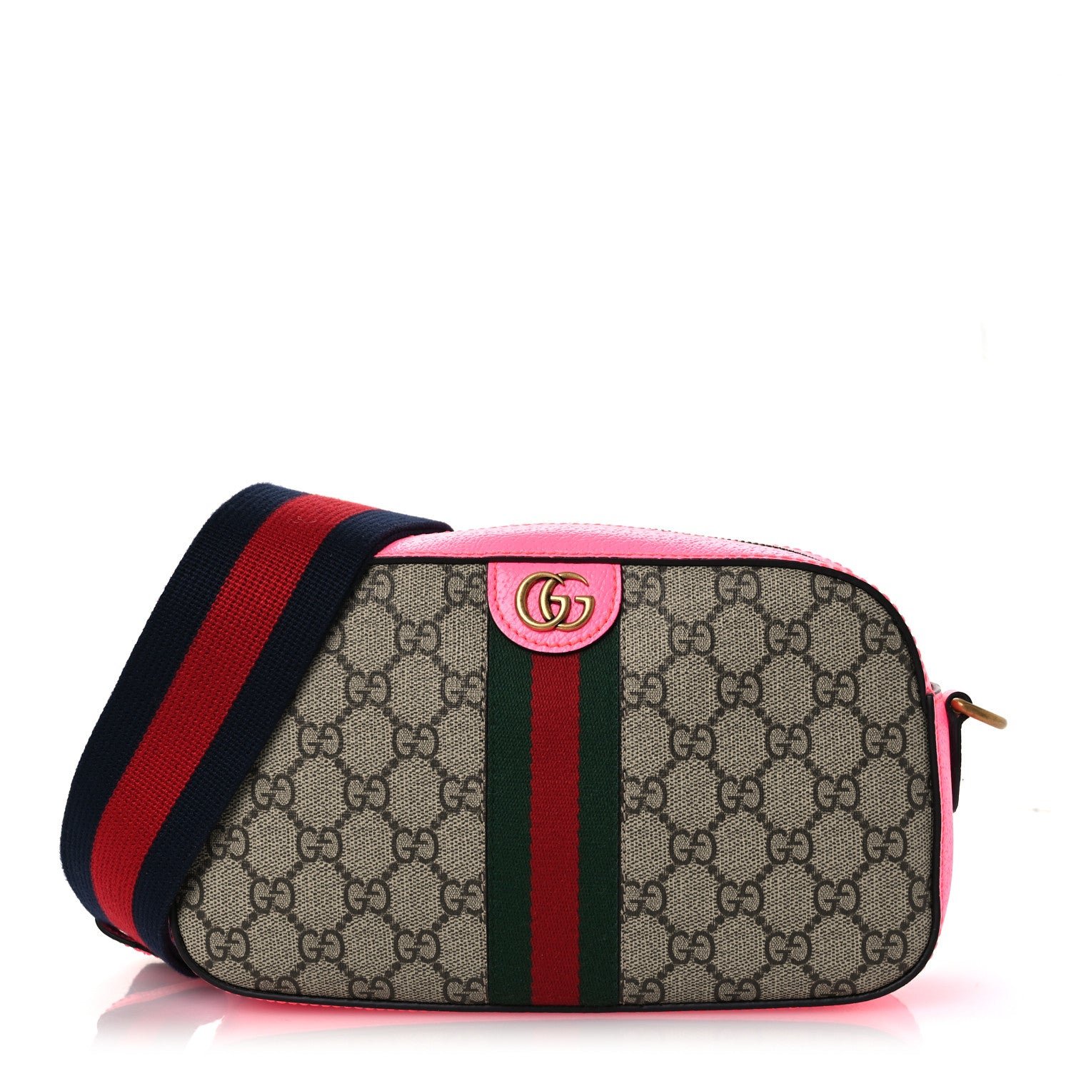 Gucci GG Supreme Monogram Textured Dollar Calfskin Web Ophidia Small Crossbody Bag Beige Ebony Fuchsia