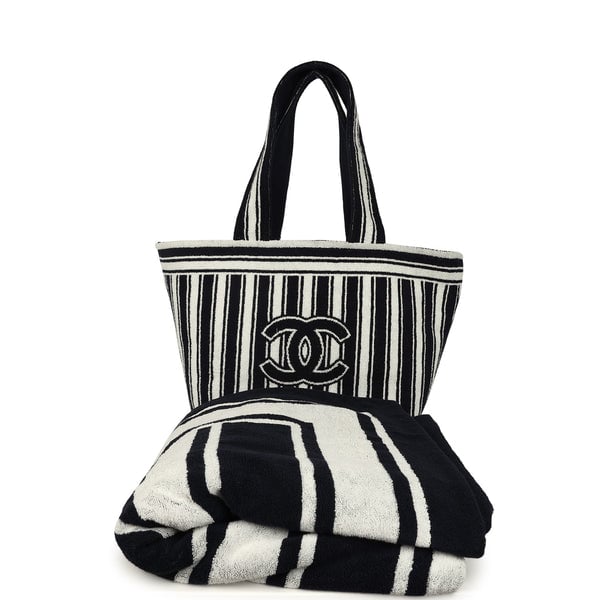 Chanel Coco Beach CC Striped Beach Tote Bag & Towel Set Navy Blue and White Terry Silver Hardware