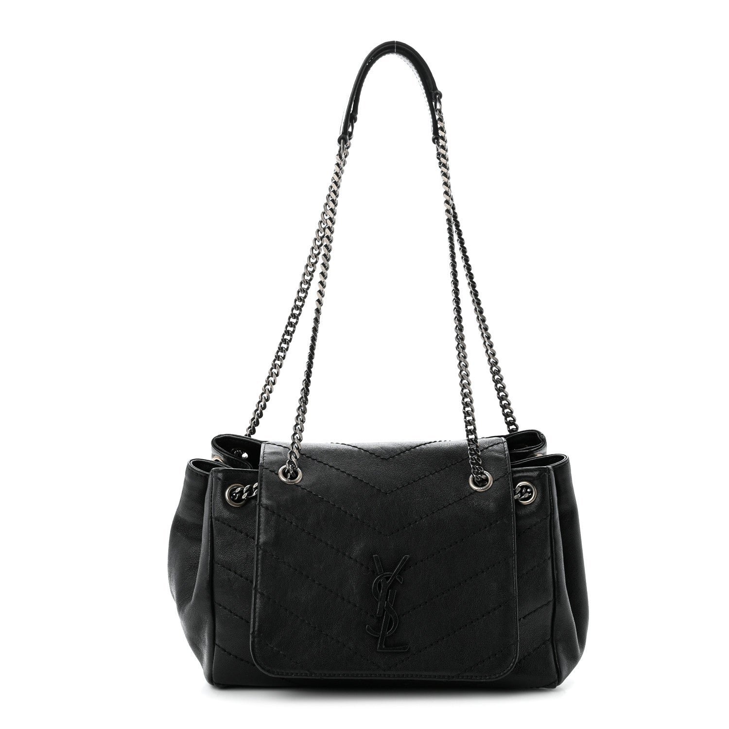 Saint Laurent Pebbled Lambskin Chevron Monogram Small Nolita Black