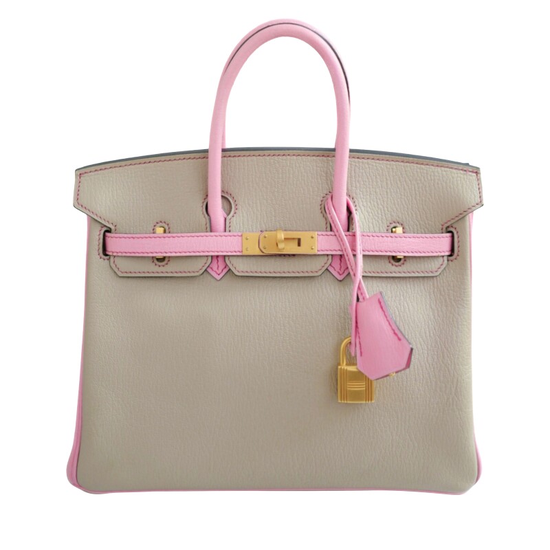 Hermes Gris Torterelle and 5P Bubblegum Pink Chèvre Mysore HSS Birkin 25 Brushed Gold Hardware, 2012