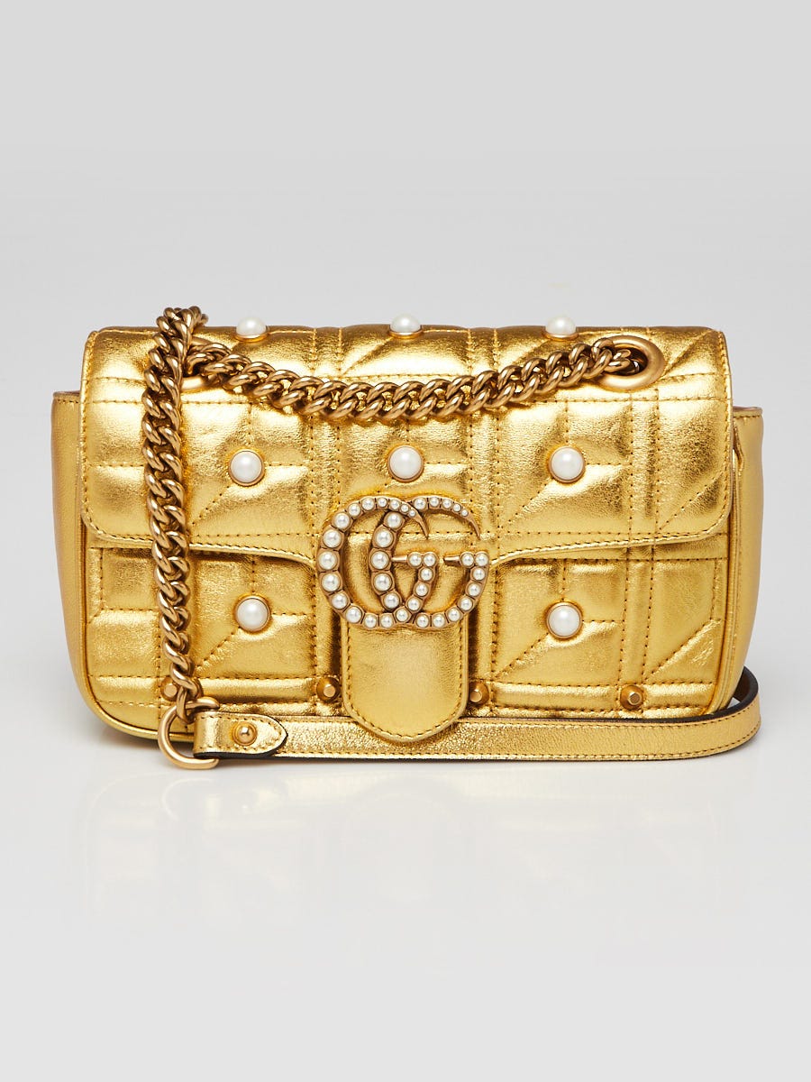 Gucci Gold Quilted Leather Pearl GG Marmont Mini Bag