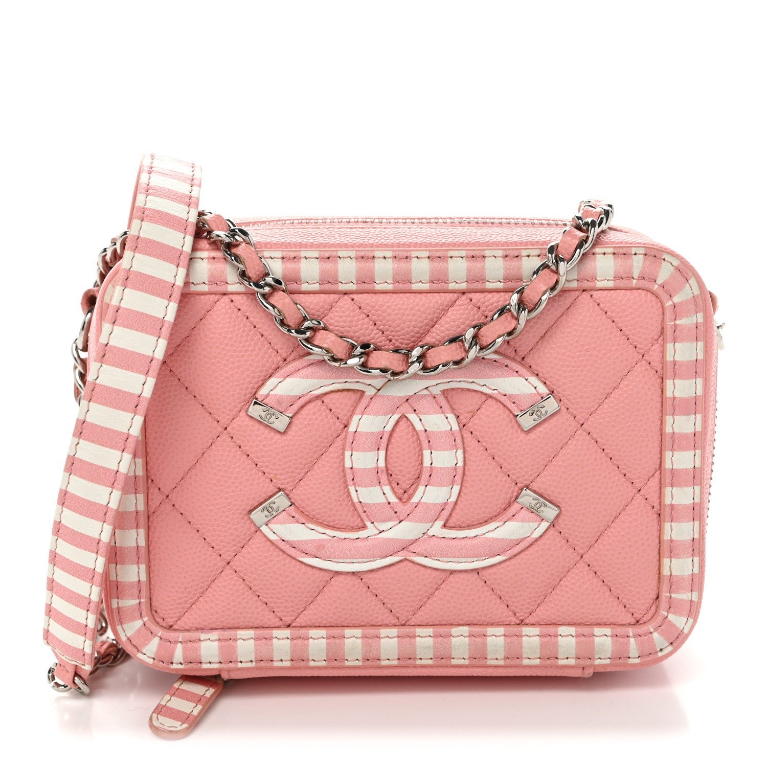 Chanel Caviar Quilted Striped CC Filigree Clutch With Chain Pink White