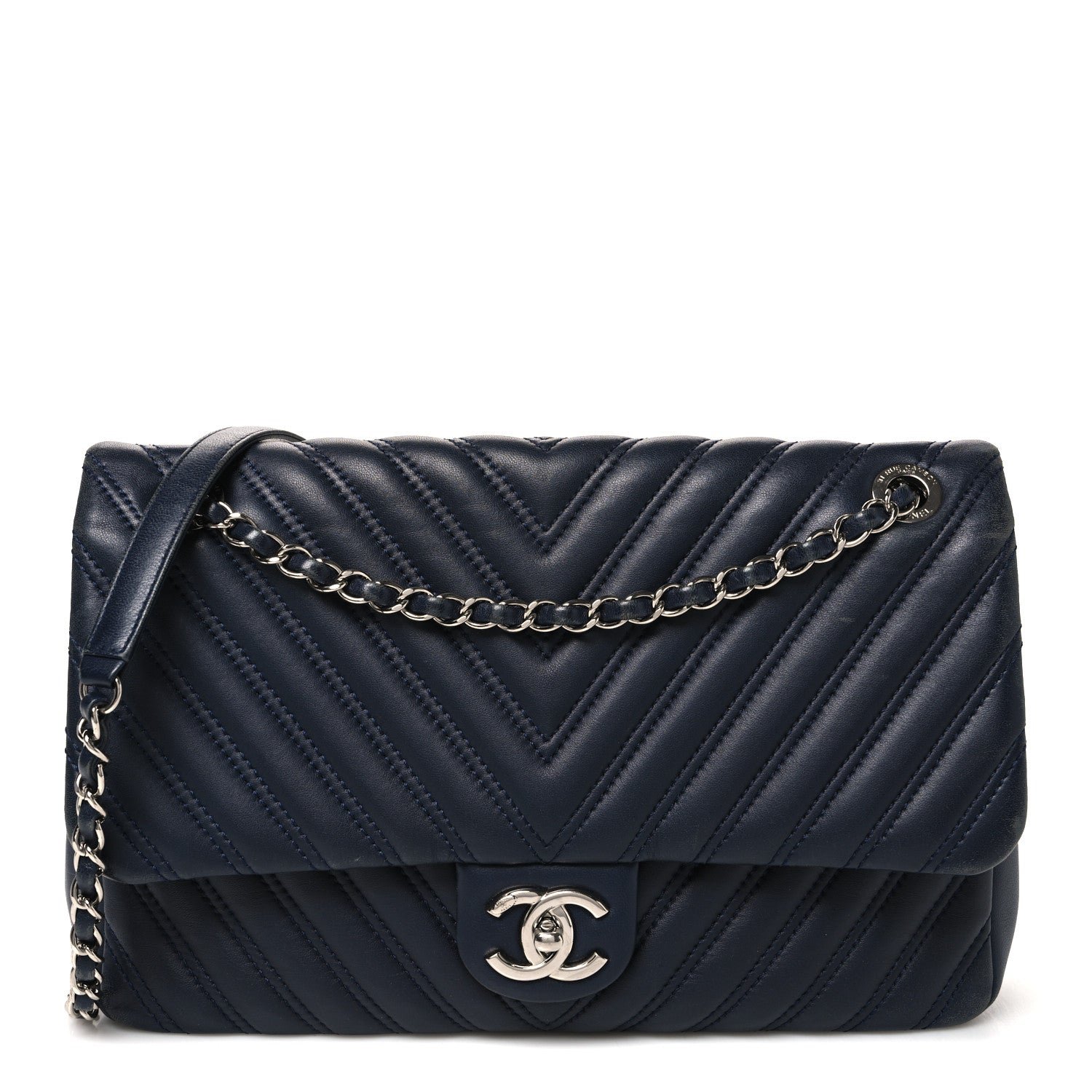Chanel Lambskin Chevron Quilted Double Stitch Jumbo Single Flap Navy
