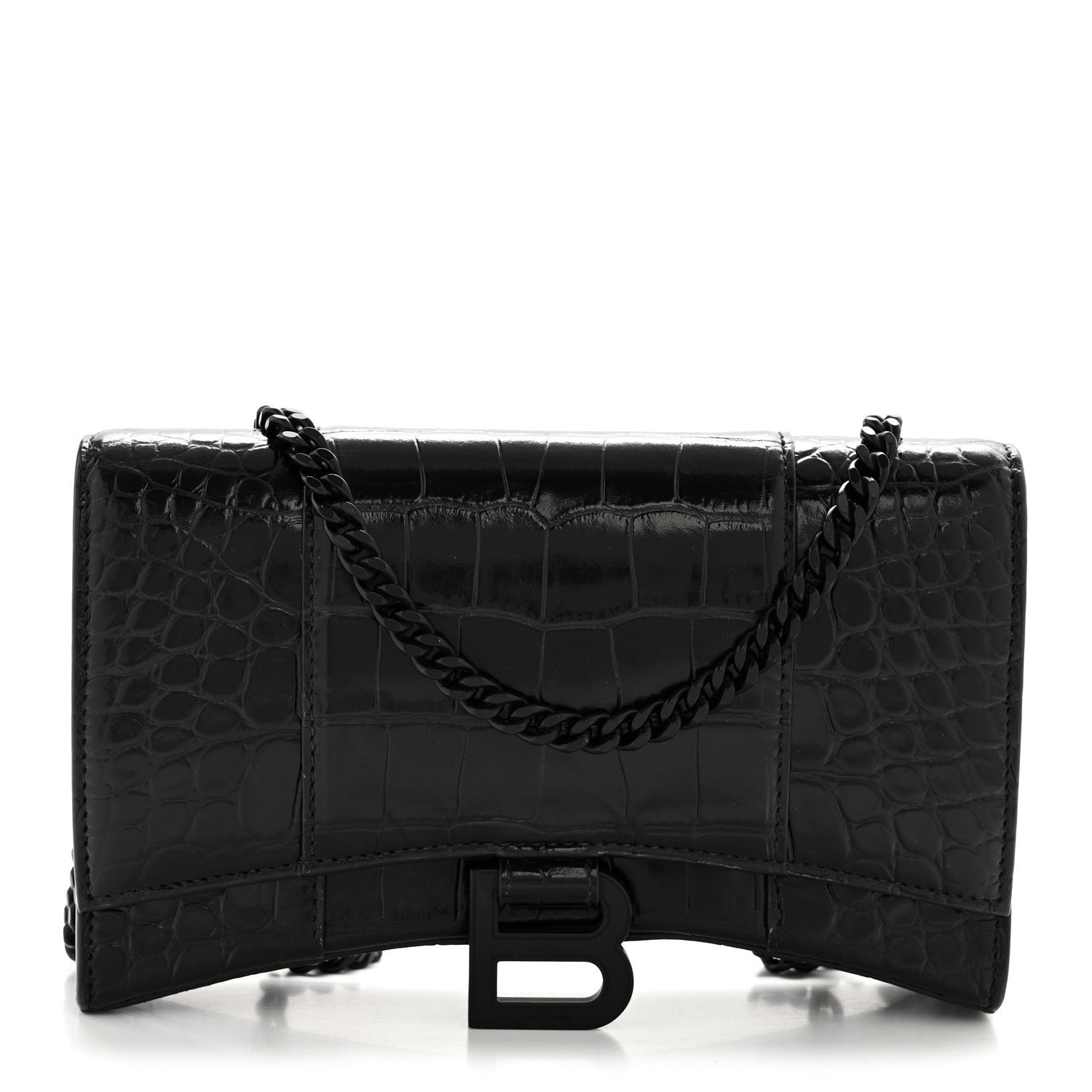 Balenciaga Shiny Calfskin Monochrome Crocodile Embossed Hourglass Chain Bag Black
