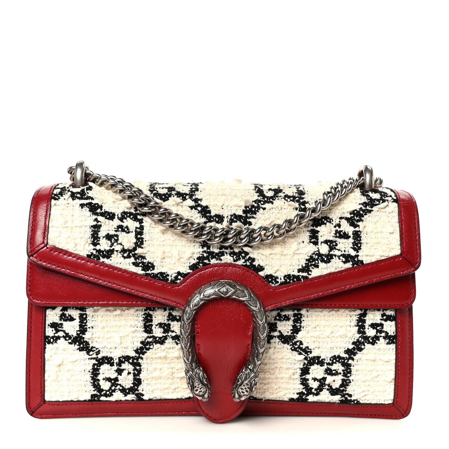 Gucci Tweed GG Monogram Small Dionysus Shoulder Bag White Black Romantic Cherry
